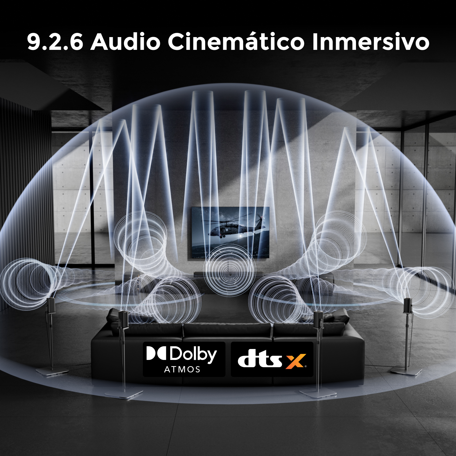 Visualizzazione audio 3D con altoparlanti e onde sonore davanti a un divano.