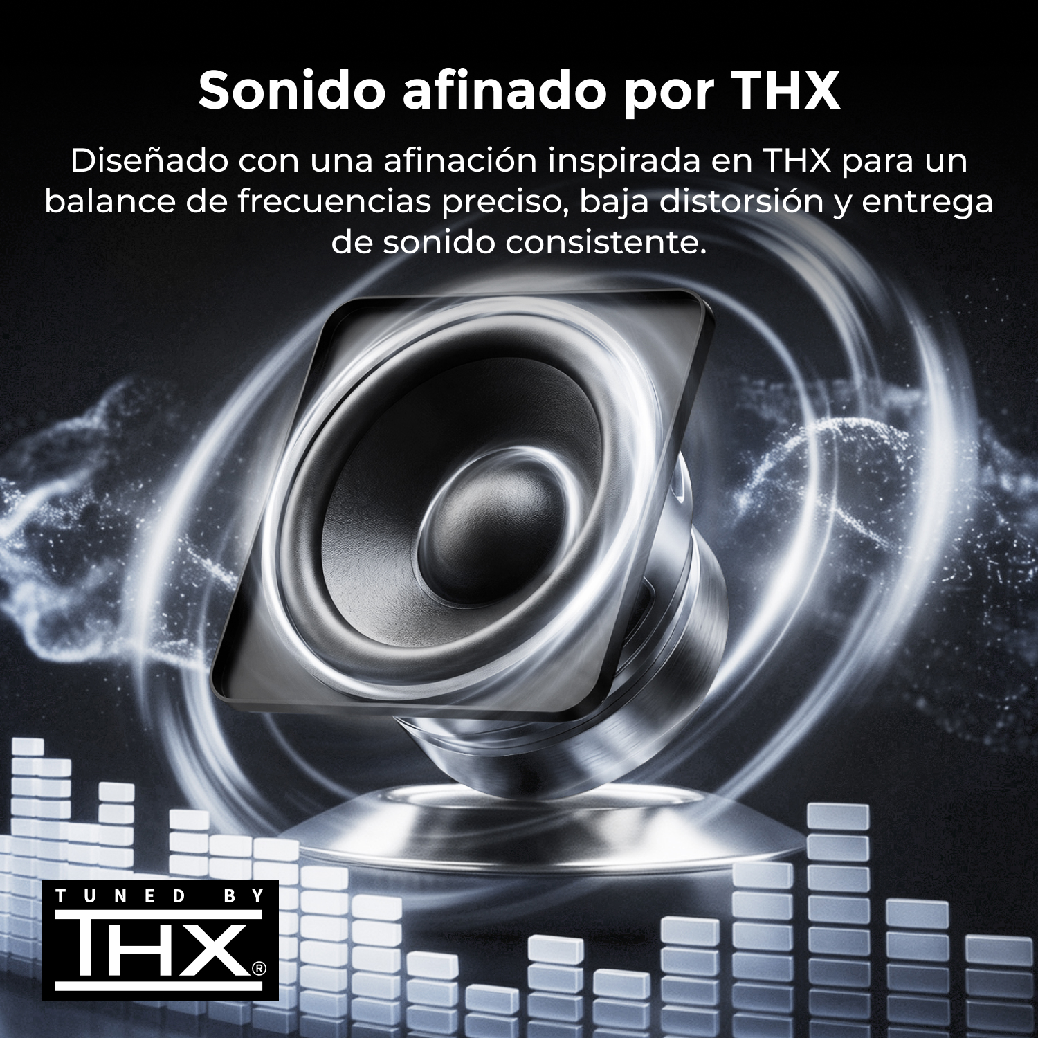 Un altoparlante messo a punto da THX, circondato da onde sonore e barre dell'equalizzatore.