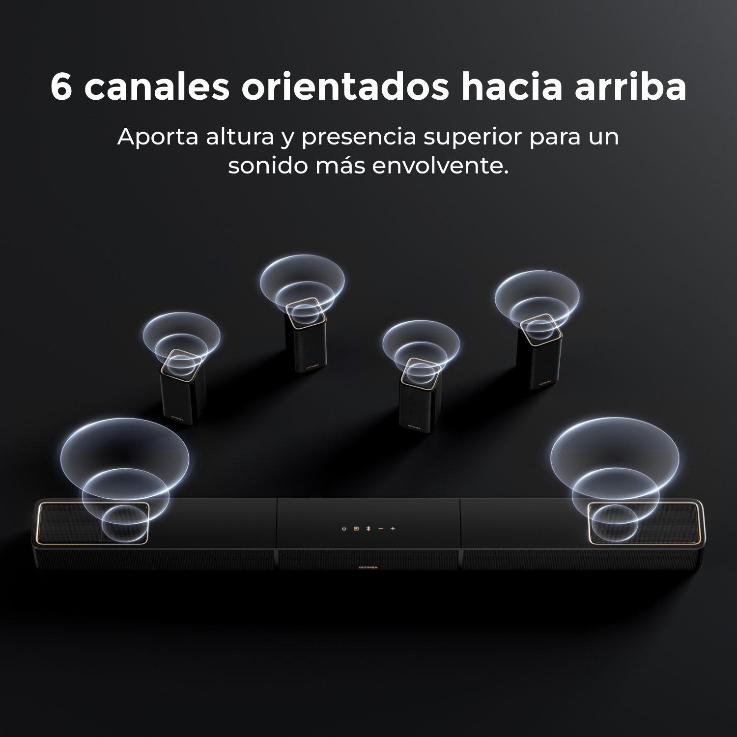 Soundbar nera con sei altoparlanti rivolti verso l'alto per un suono coinvolgente.