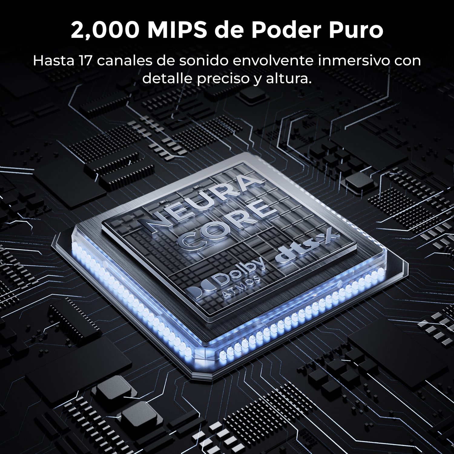 Un chip "Neura Core" con Dolby Atmos y DTS:X en una placa de circuito.