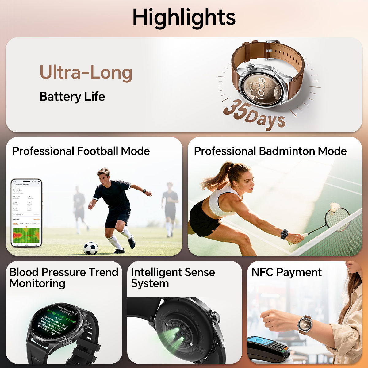 In primo piano smartwatch: batteria lunga, calcio, badminton, monitoraggio PA, pagamento NFC.