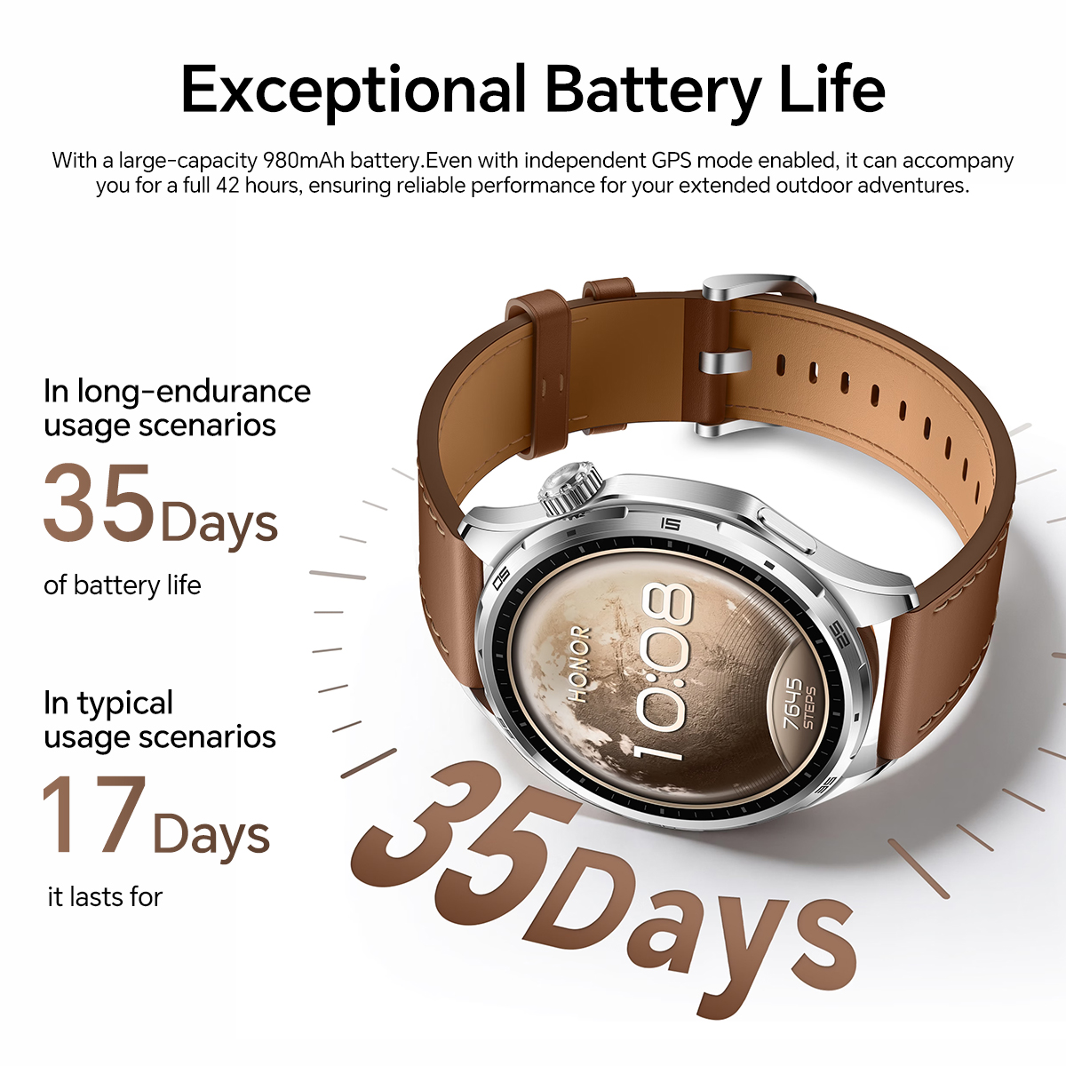 Smartwatch argentato con cinturino in pelle marrone, mostra 35 giorni di batteria.