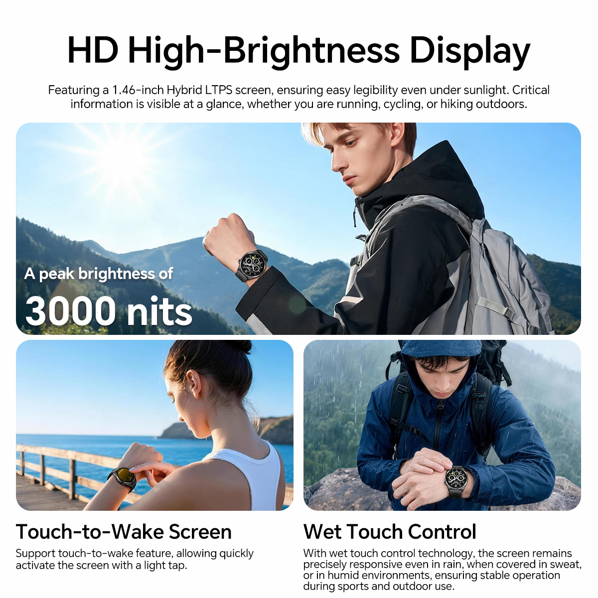 Uomo con smartwatch in montagna. Donna sul molo. Uomo sotto la pioggia con smartwatch.