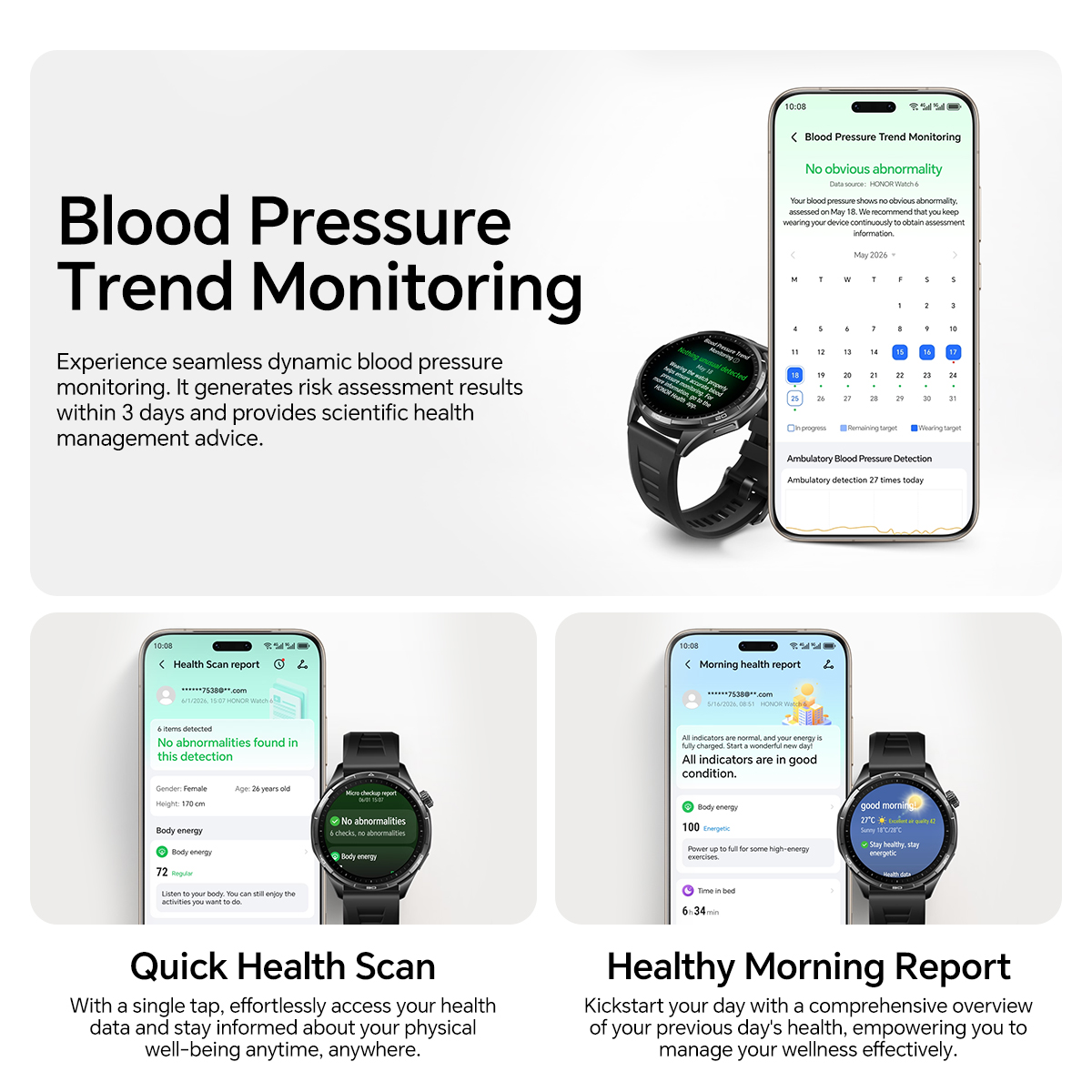 Immagini prodotto che mostrano Monitoraggio Tendenze Pressione Arteriosa, Scansione Rapida Salute e Rapporto Mattutino.