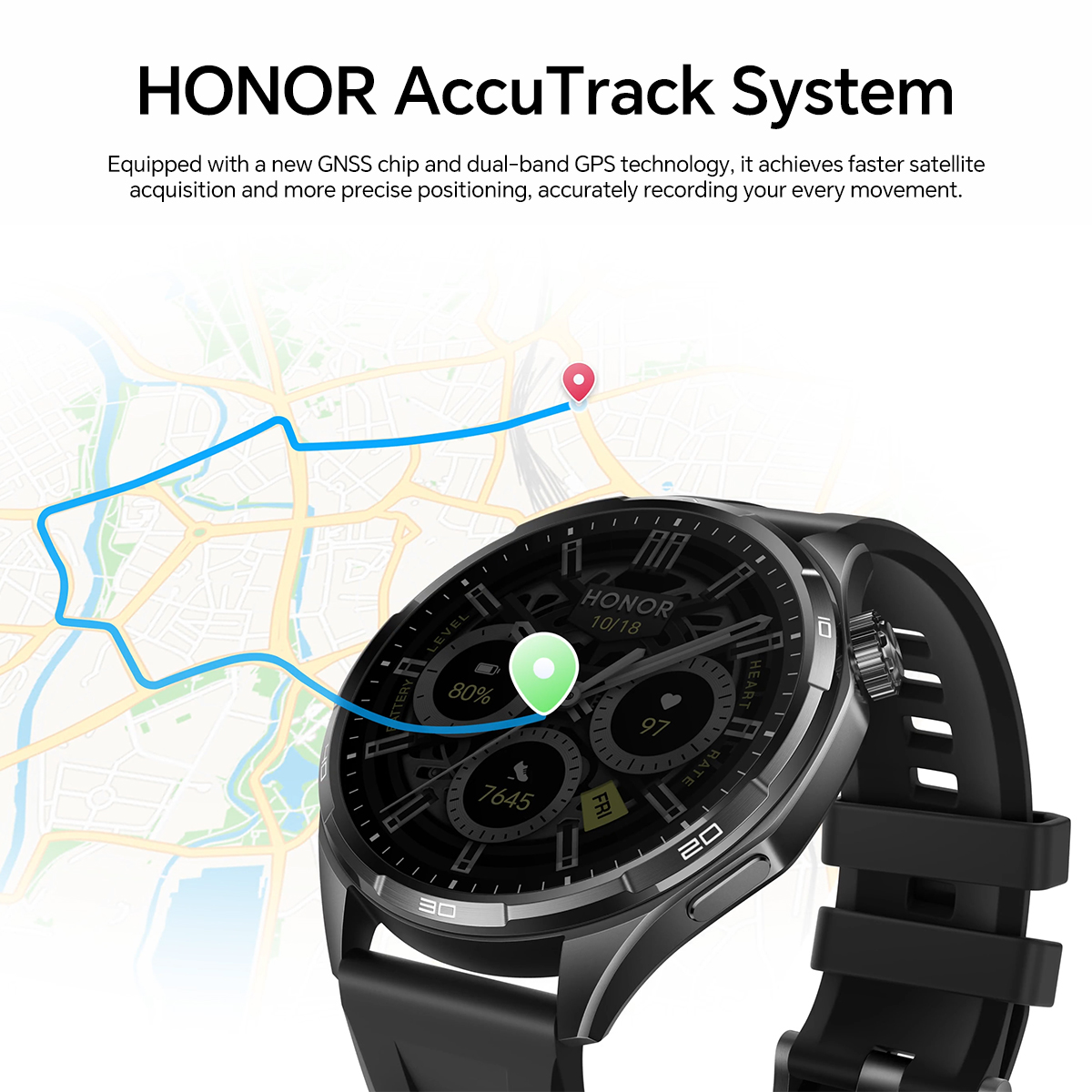 Uno smartwatch nero mostra una mappa GPS con un percorso. Visualizza batteria e battito cardiaco.