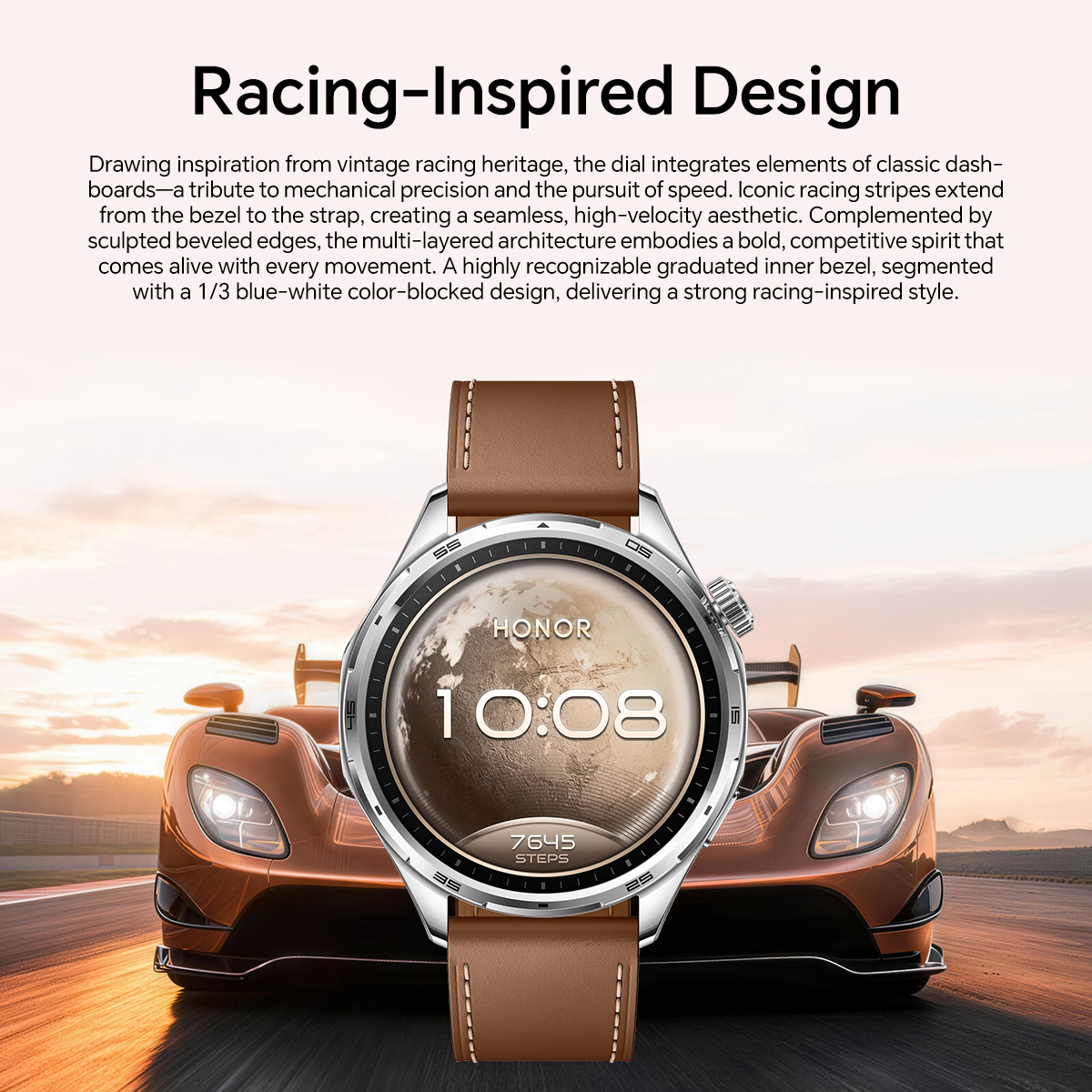 Uno smartwatch argentato con cinturino in pelle marrone davanti a un'auto da corsa.