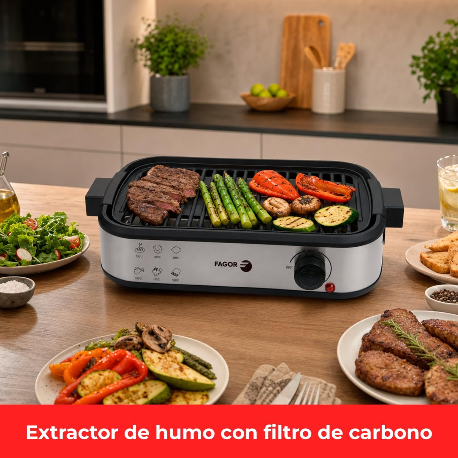 Grill elettrico con bistecca, asparagi e verdure. Servito con contorni.
