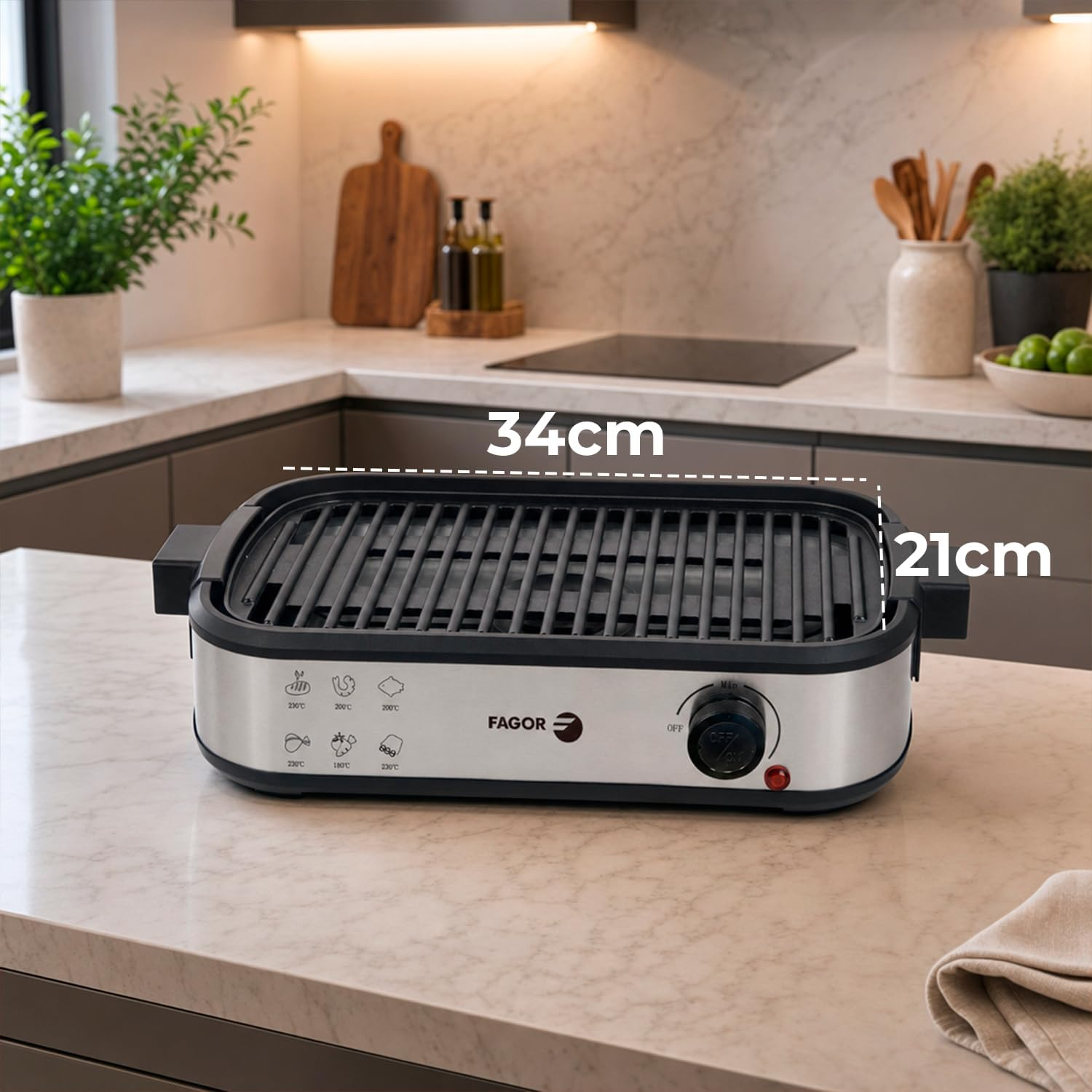 Grill elettrico Fagor, 34x21cm, con selettore temperatura e icone.