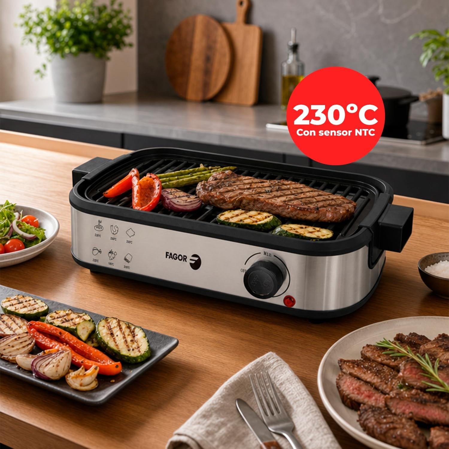 Una griglia elettrica con bistecca, verdure e insalata, che mostra 230°C.