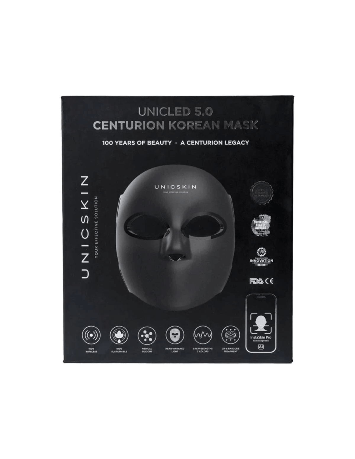 Caja negra con imagen de mascarilla facial LED y características del producto.