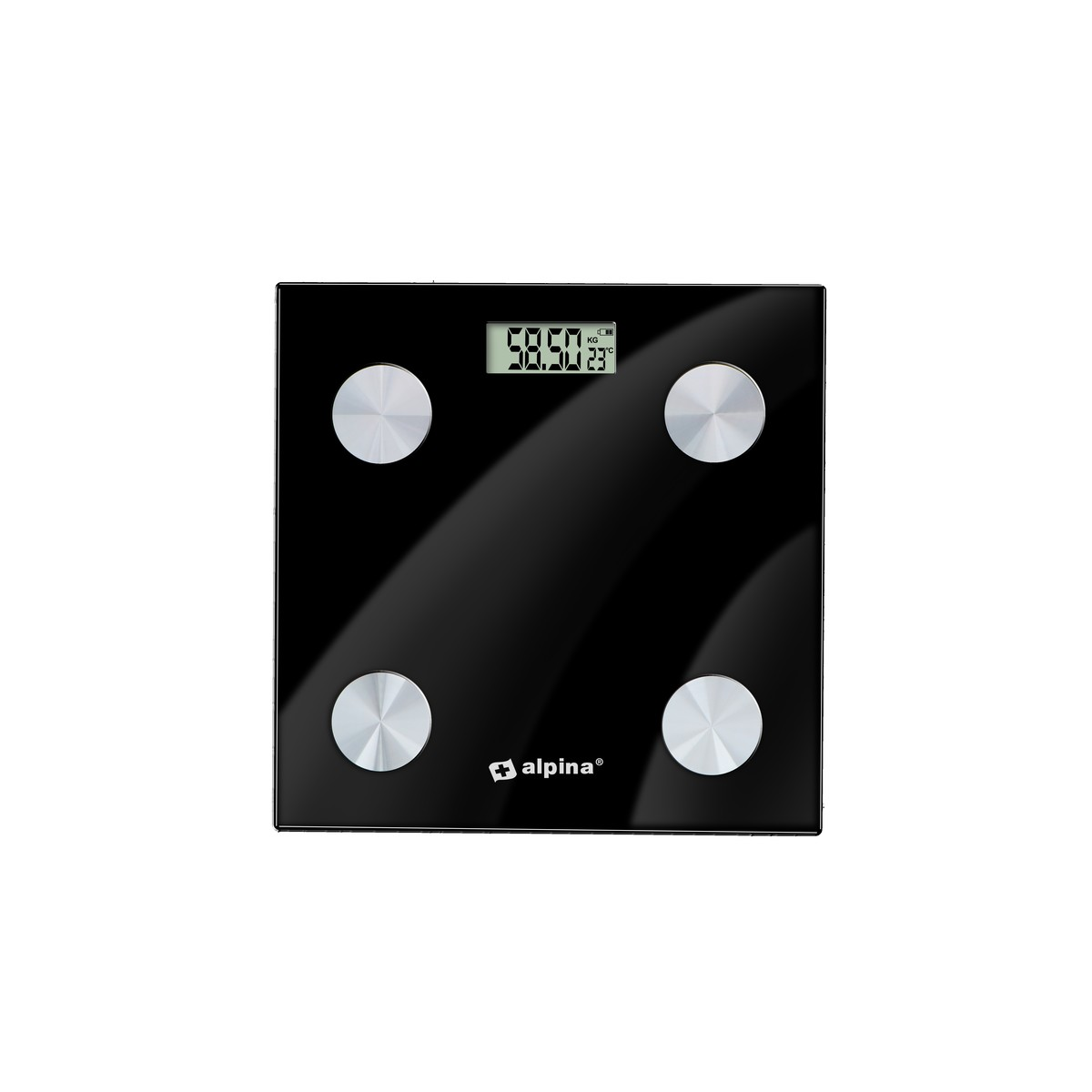 Black digital scale with silver footpads and LCD display showing 58.50kg.