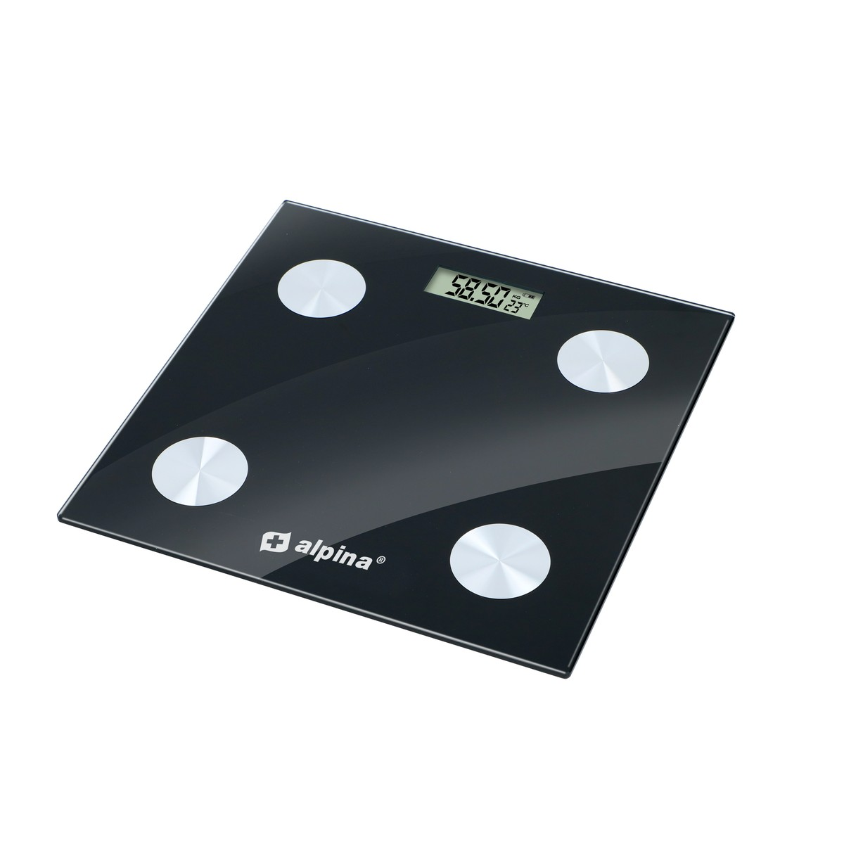 Black glass scale with digital display and four silver sensors.