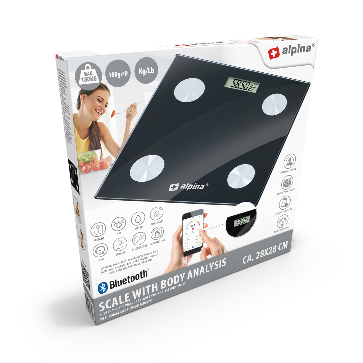Black body analysis scale with Alpina logo, measuring weight, fat, water, muscle, bone, BMI.
