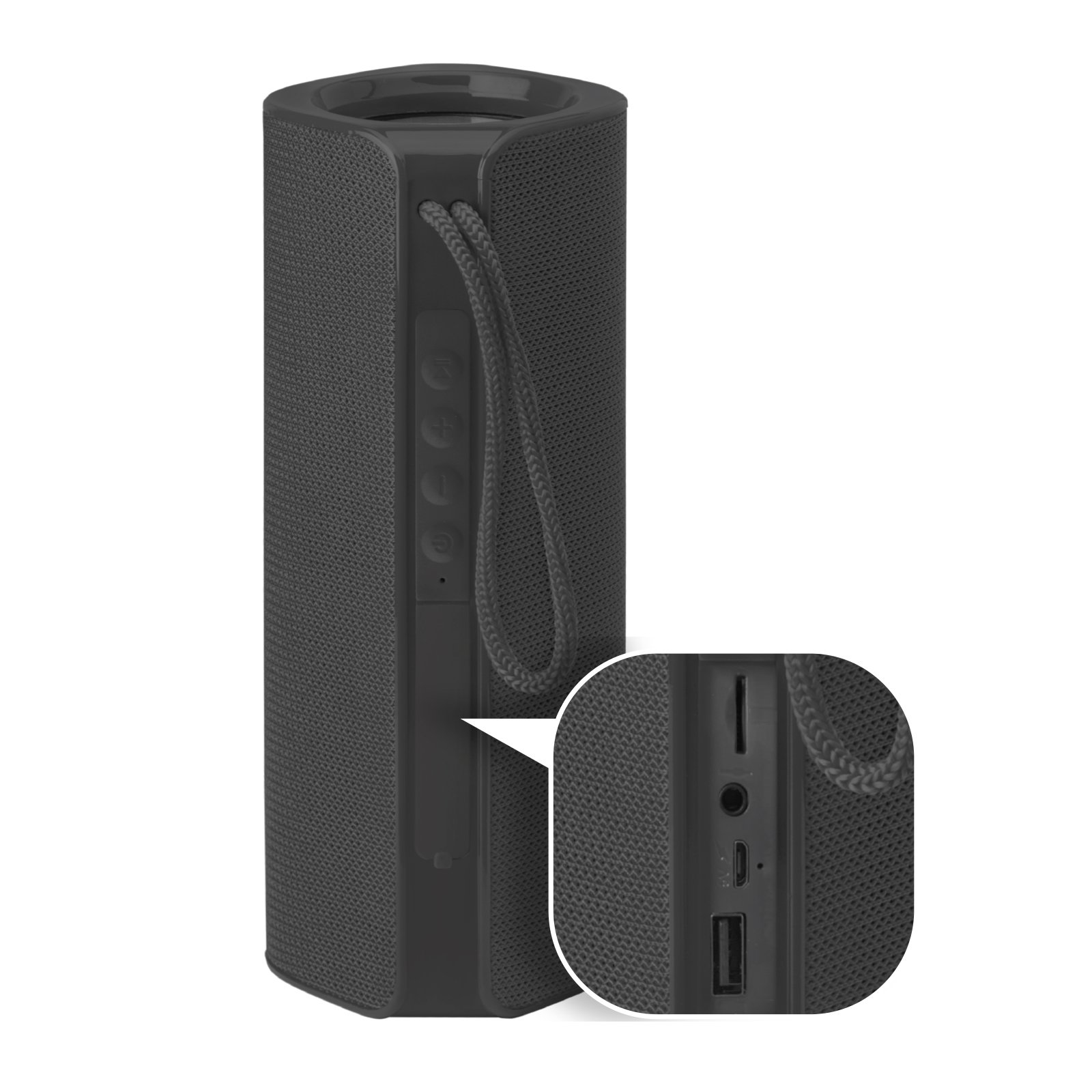 Un altoparlante Bluetooth nero con corda e primo piano delle porte.