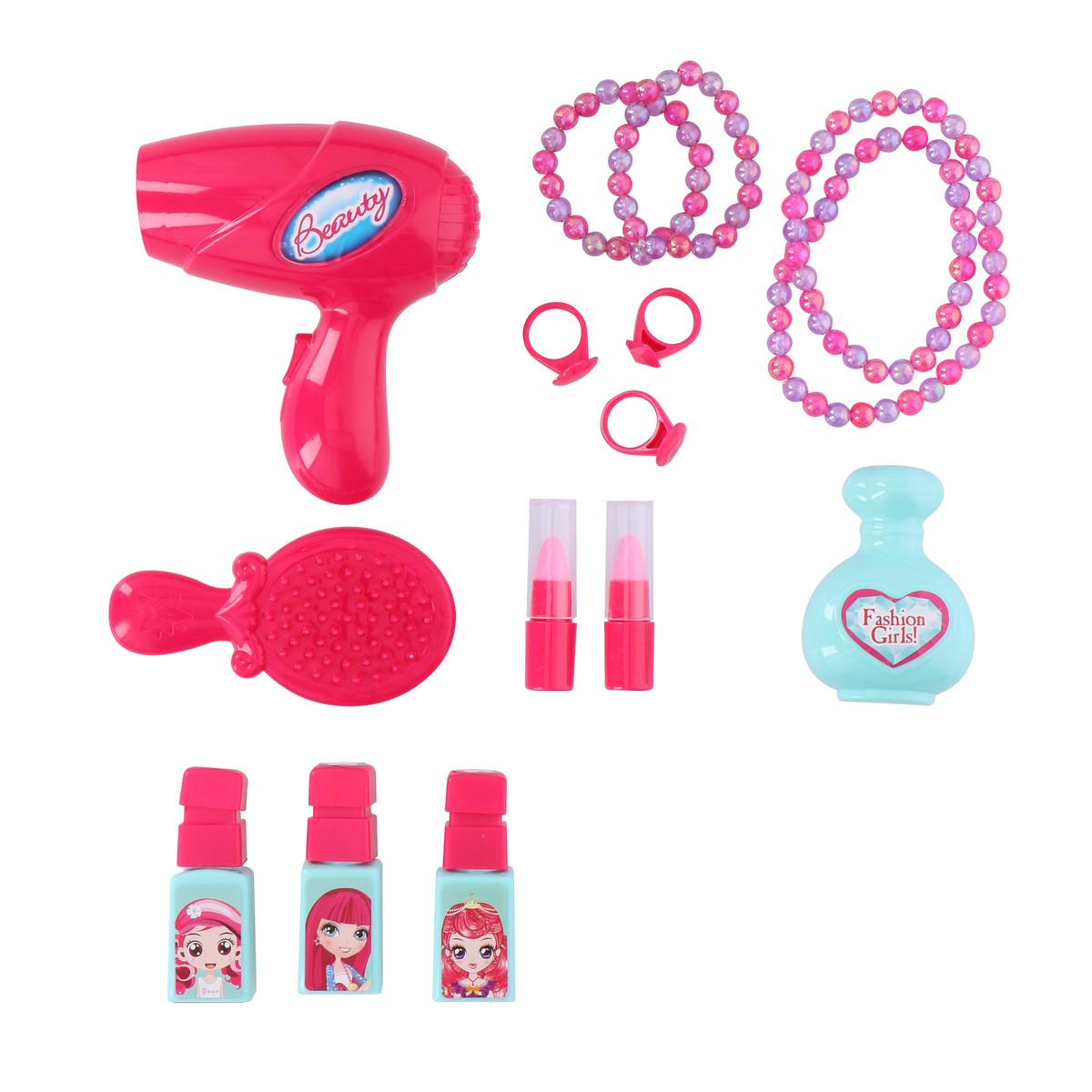 Pink toy hair salon set with hairdryer, brush, lipsticks, perfume, and jewelry.