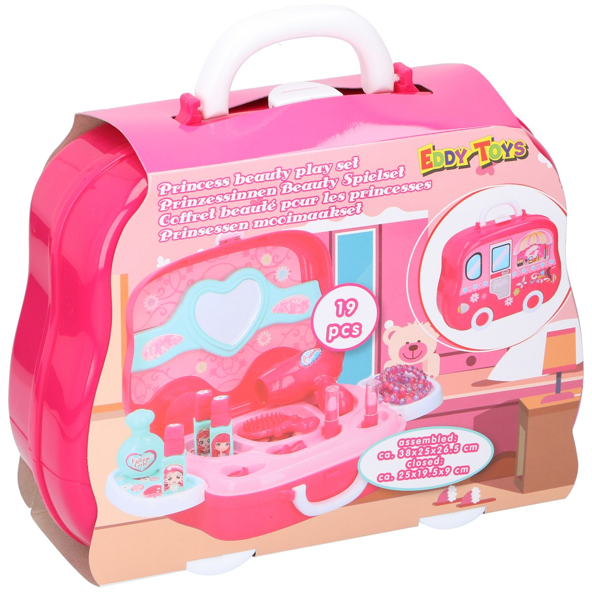 A pink suitcase featuring princess-themed makeup toys, hairdryer, mirror, and bottles.