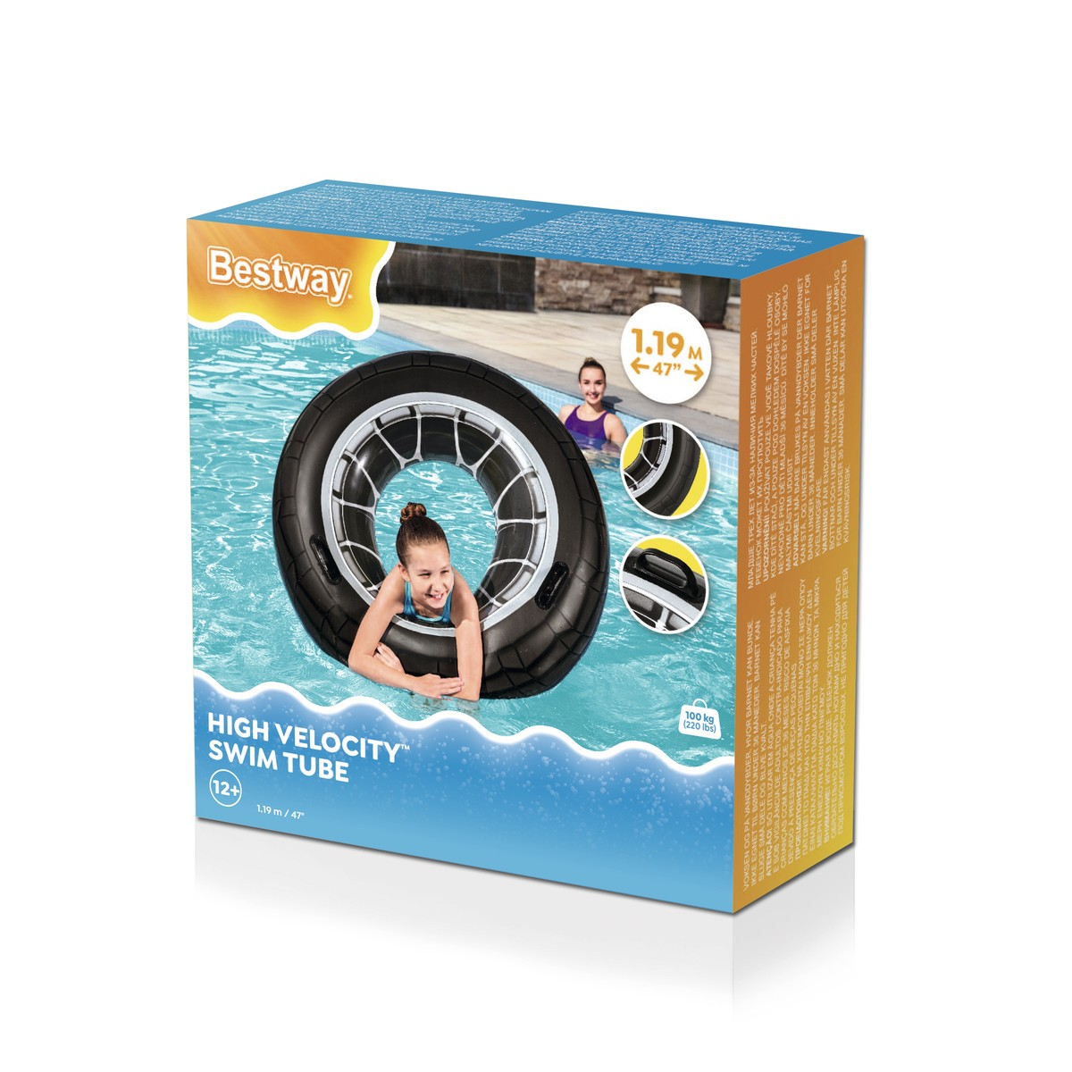 Bestway tire-shaped swim tube with kids in a pool.
