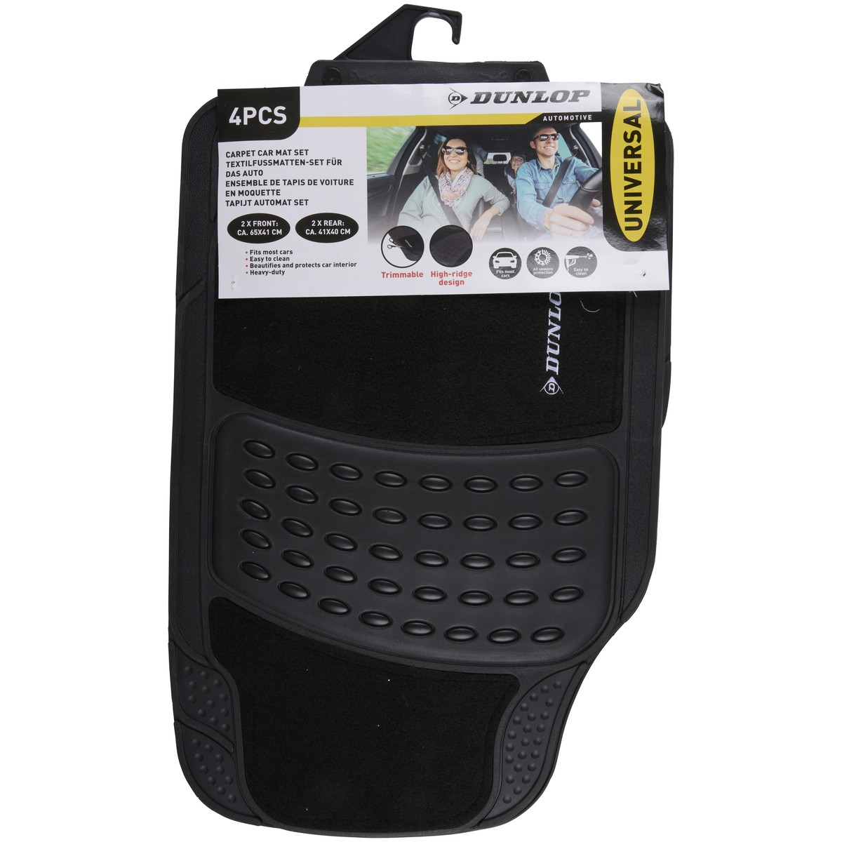 Black Dunlop carpet car mat set for 4 pieces with a universal fit. Features a high-ridge design.