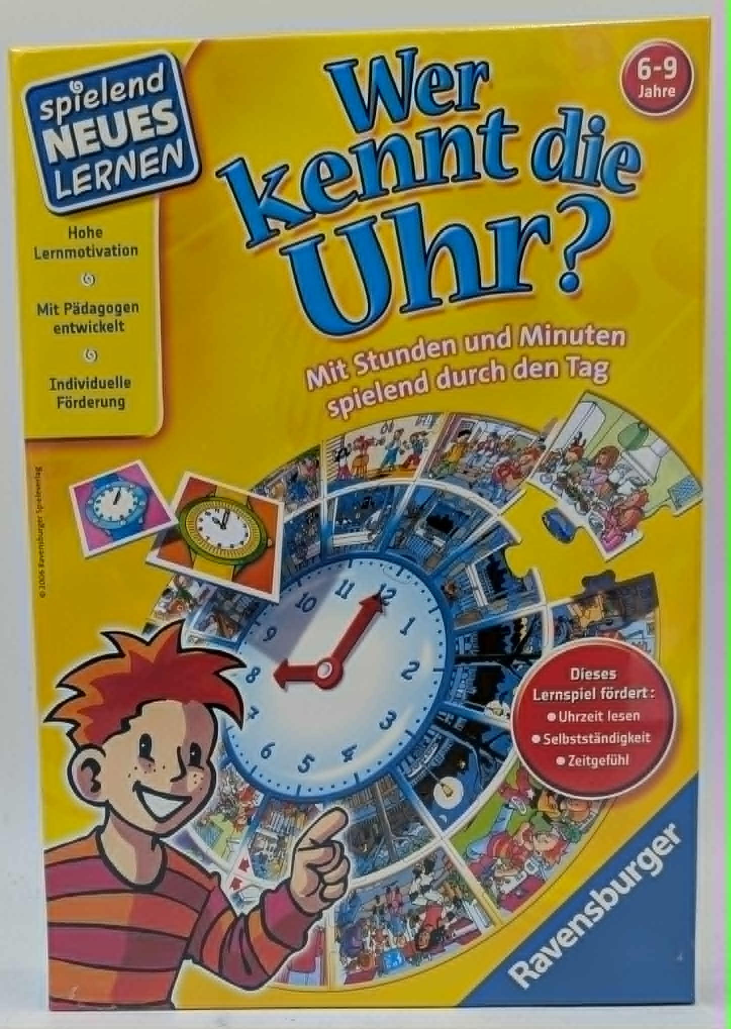 Brettspiel "Wer kennt die Uhr?" von Ravensburger für Kinder von 6-9 Jahren.
