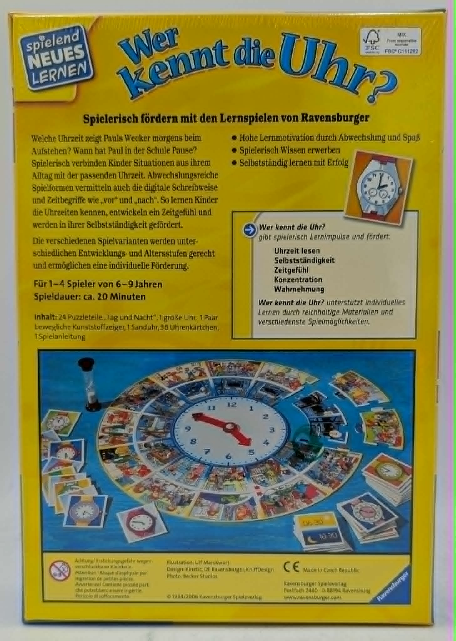 Verpackung des Ravensburger Spiels 'Wer kennt die Uhr?' mit Spielbrett und Zubehör.