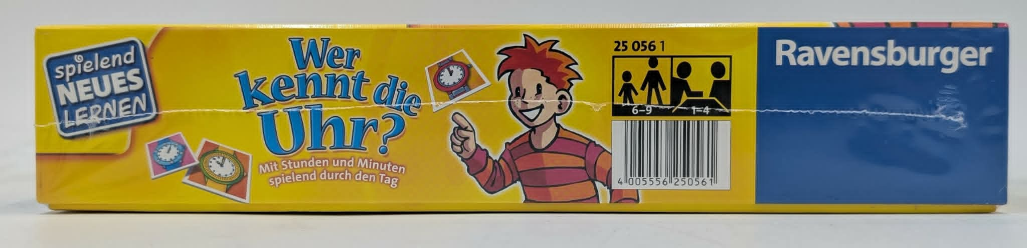 Ravensburger Spiel "Wer kennt die Uhr?" mit Kindern und Uhrenmotiven.