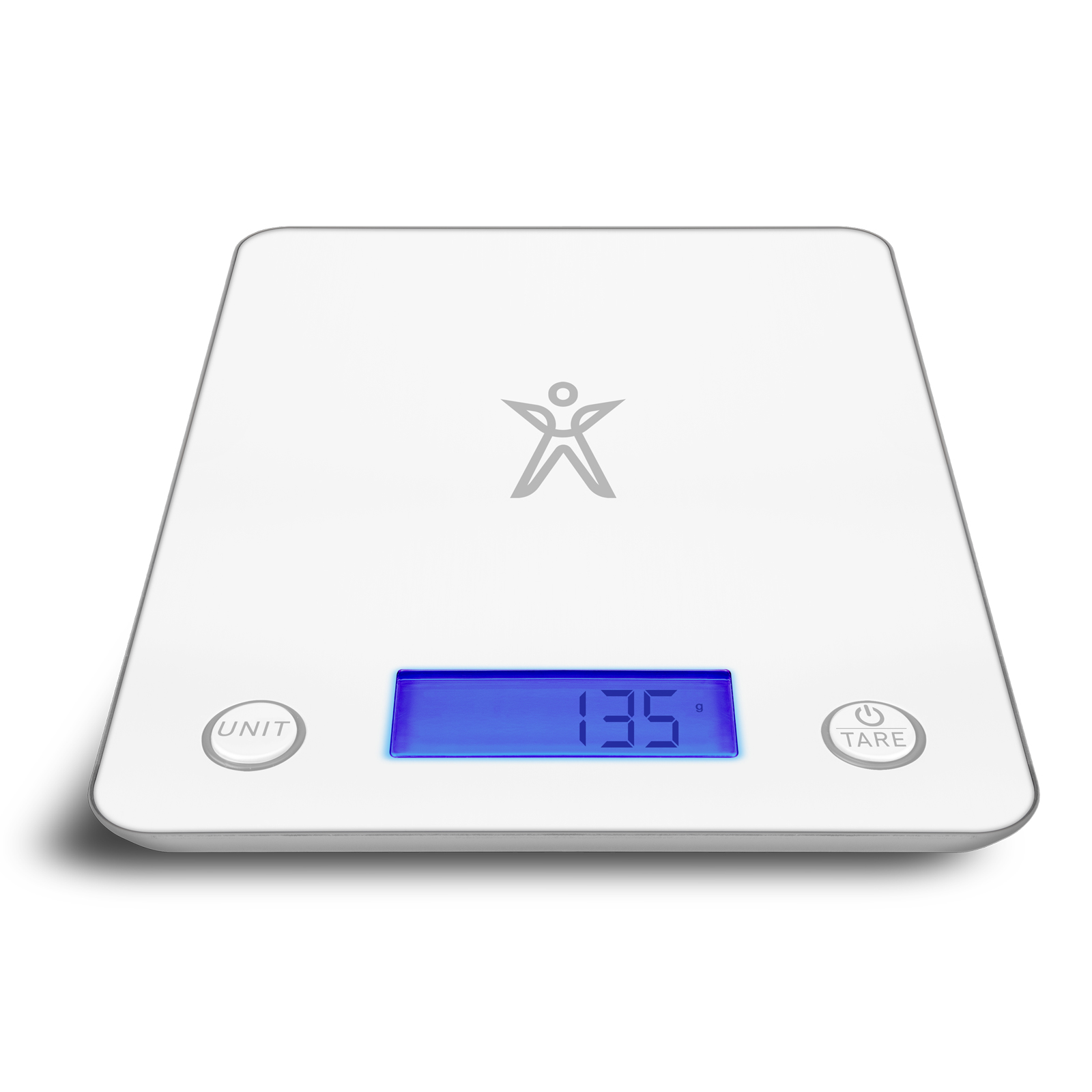 Una báscula de cocina digital blanca con pantalla azul que muestra 135 g.