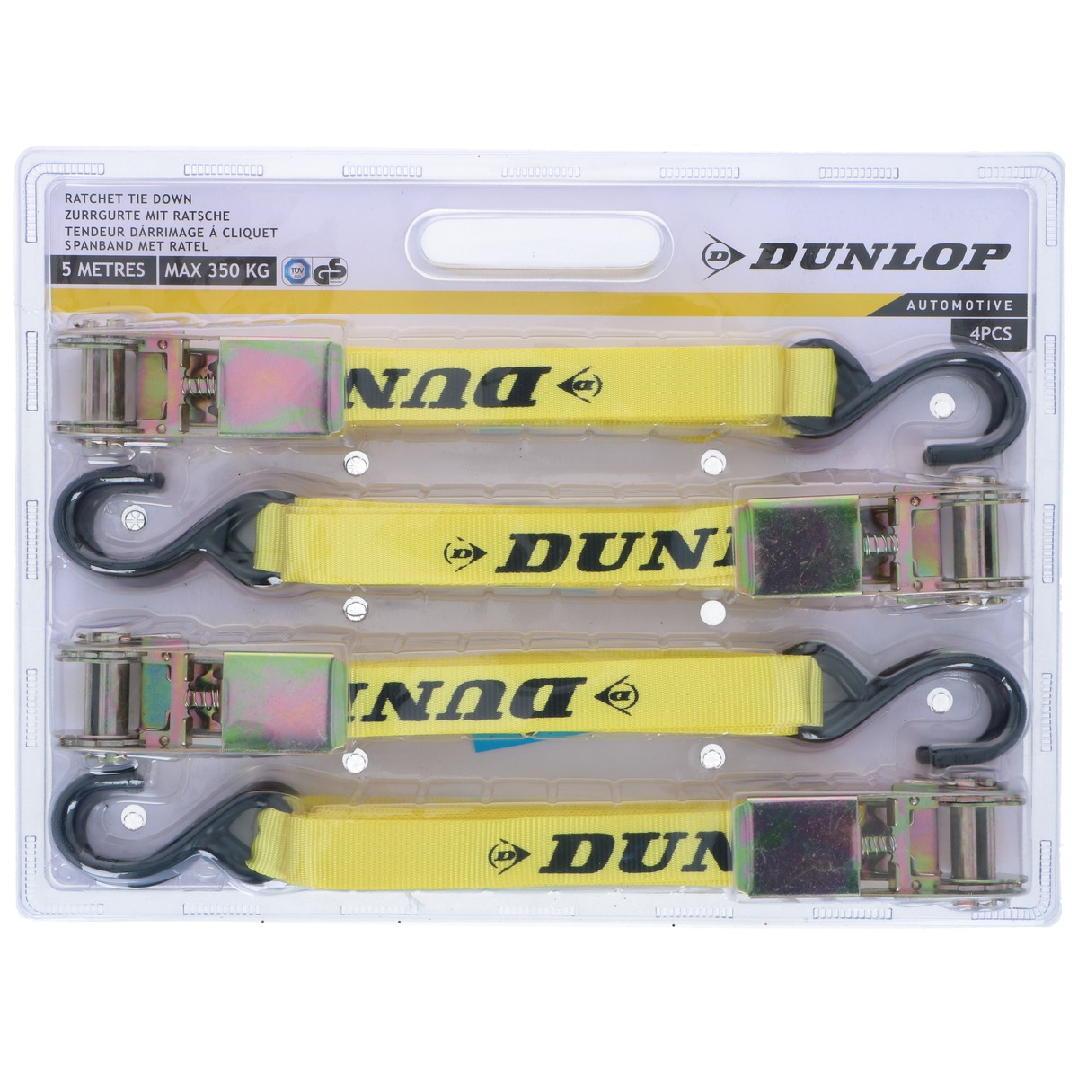Quattro cinghie di fissaggio Dunlop gialle con cricchetto e ganci.