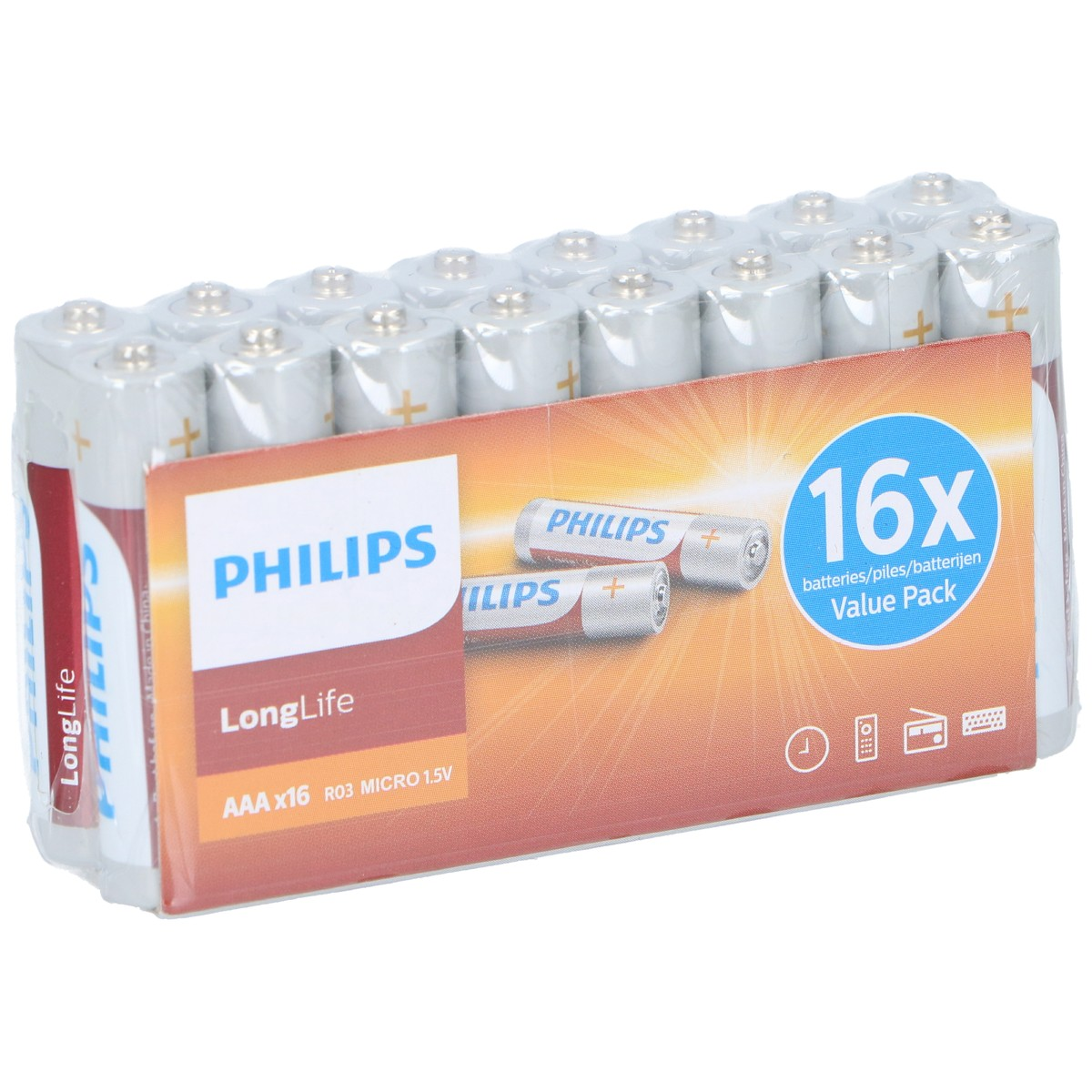 16 Philips AAA LongLife batteries, R03, 1.5V, in blister pack.