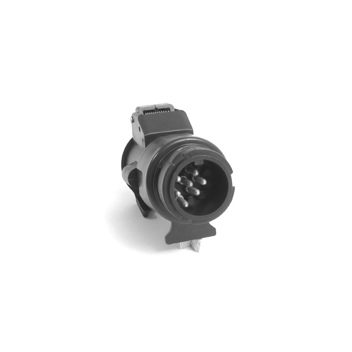 A black trailer connector with nine pins on a white background.