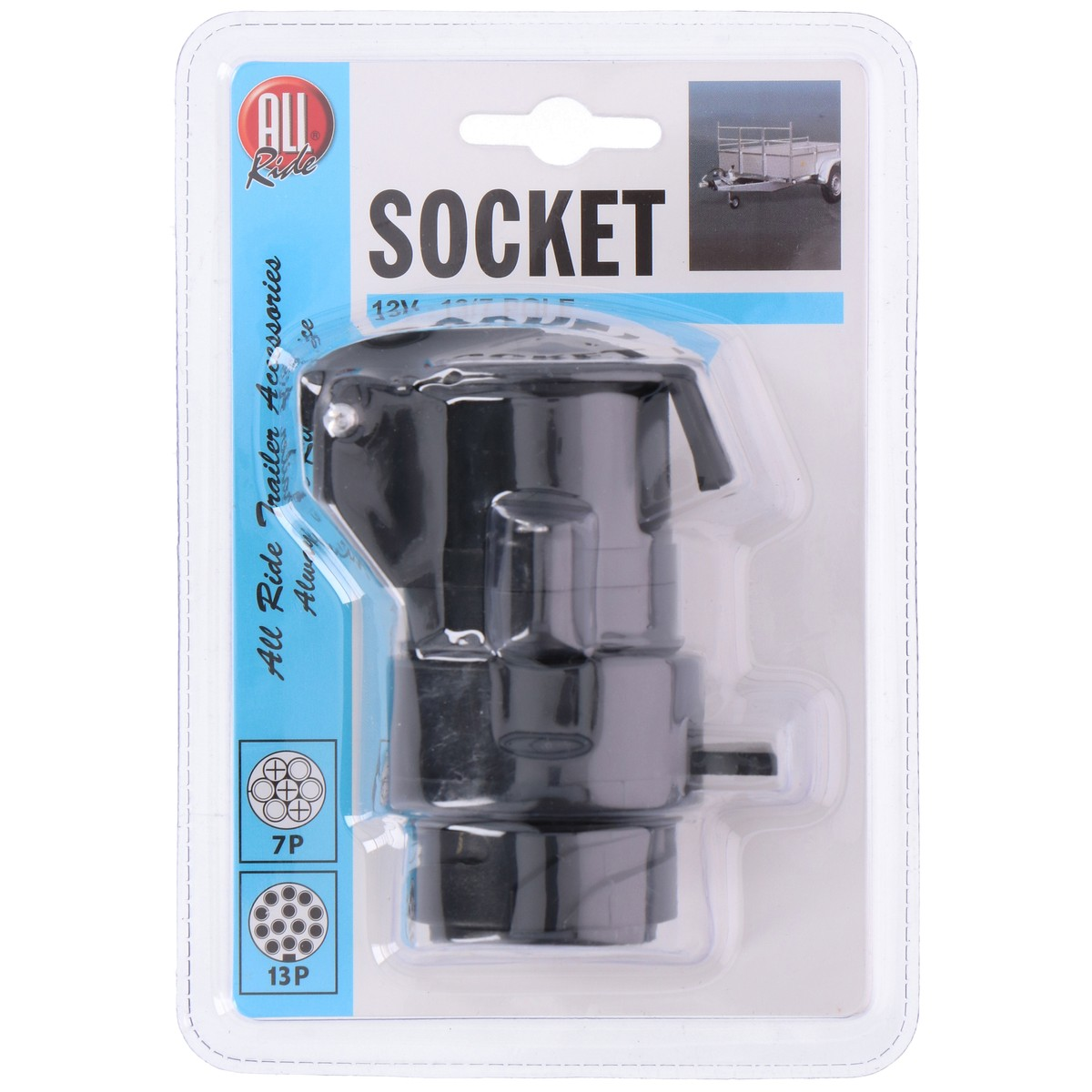 Packaged black trailer socket with 7-pin and 13-pin symbols.