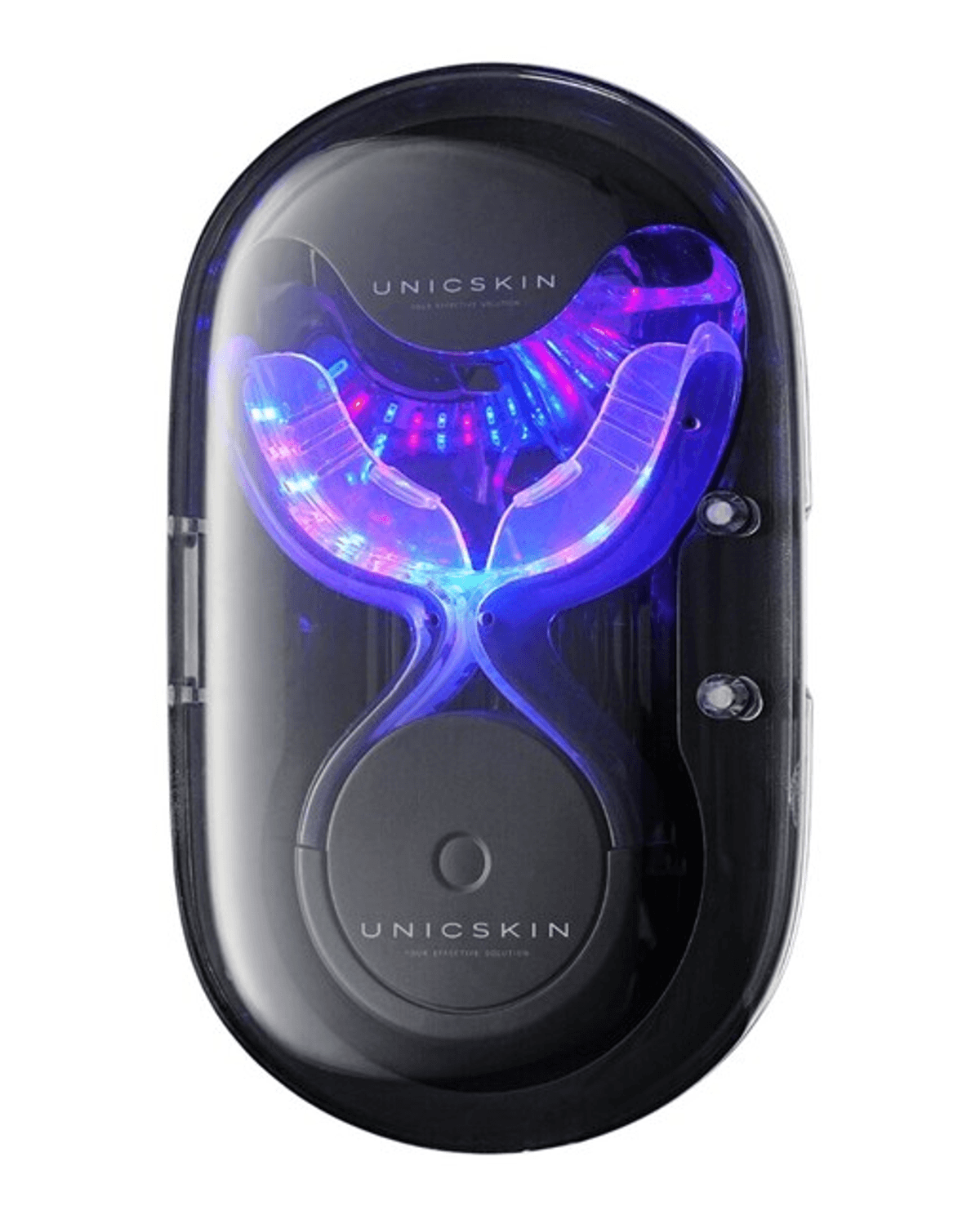 Un dispositivo blanqueador de dientes LED azul y rojo en un estuche negro.