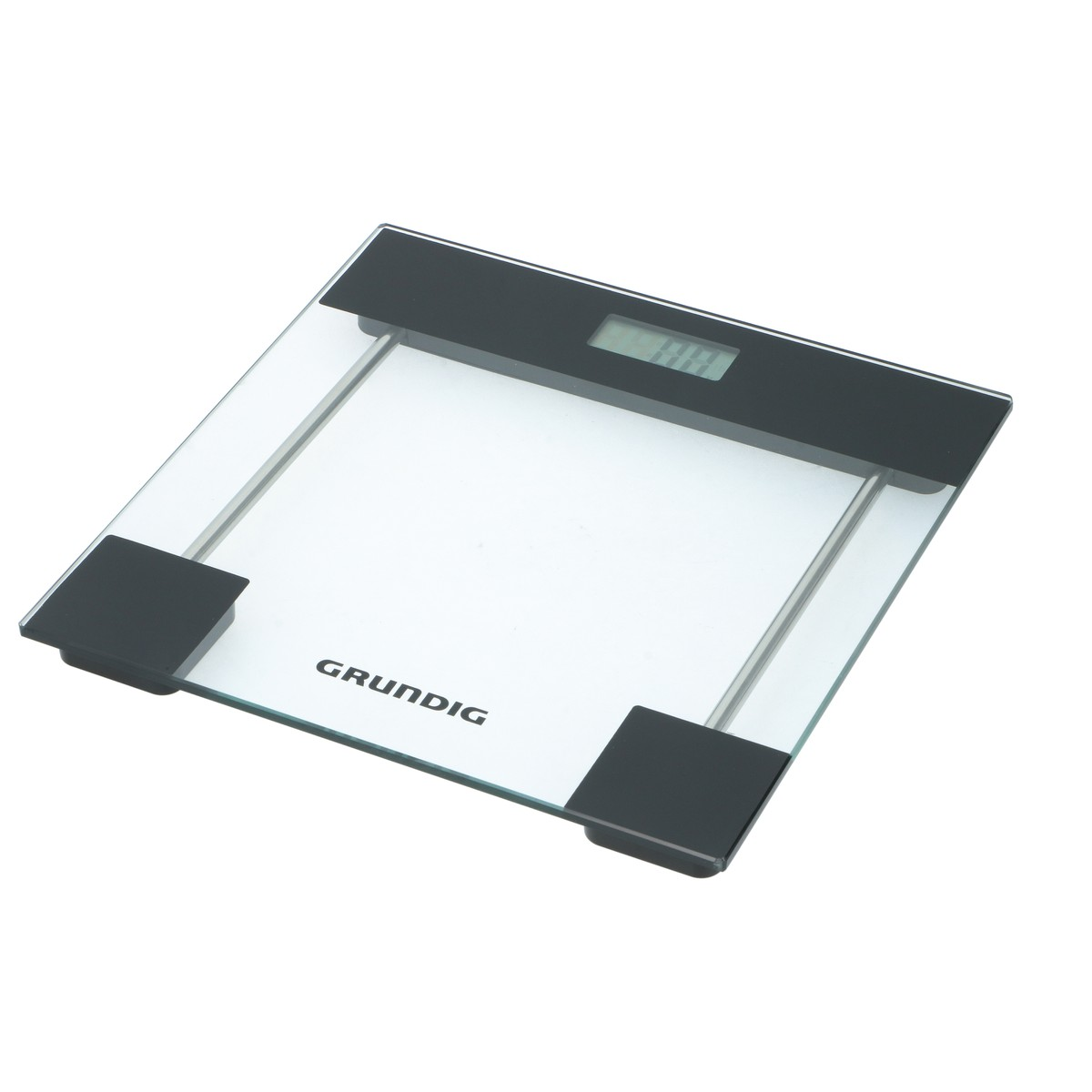 Una bilancia in vetro trasparente con display digitale nero e cornice nera.