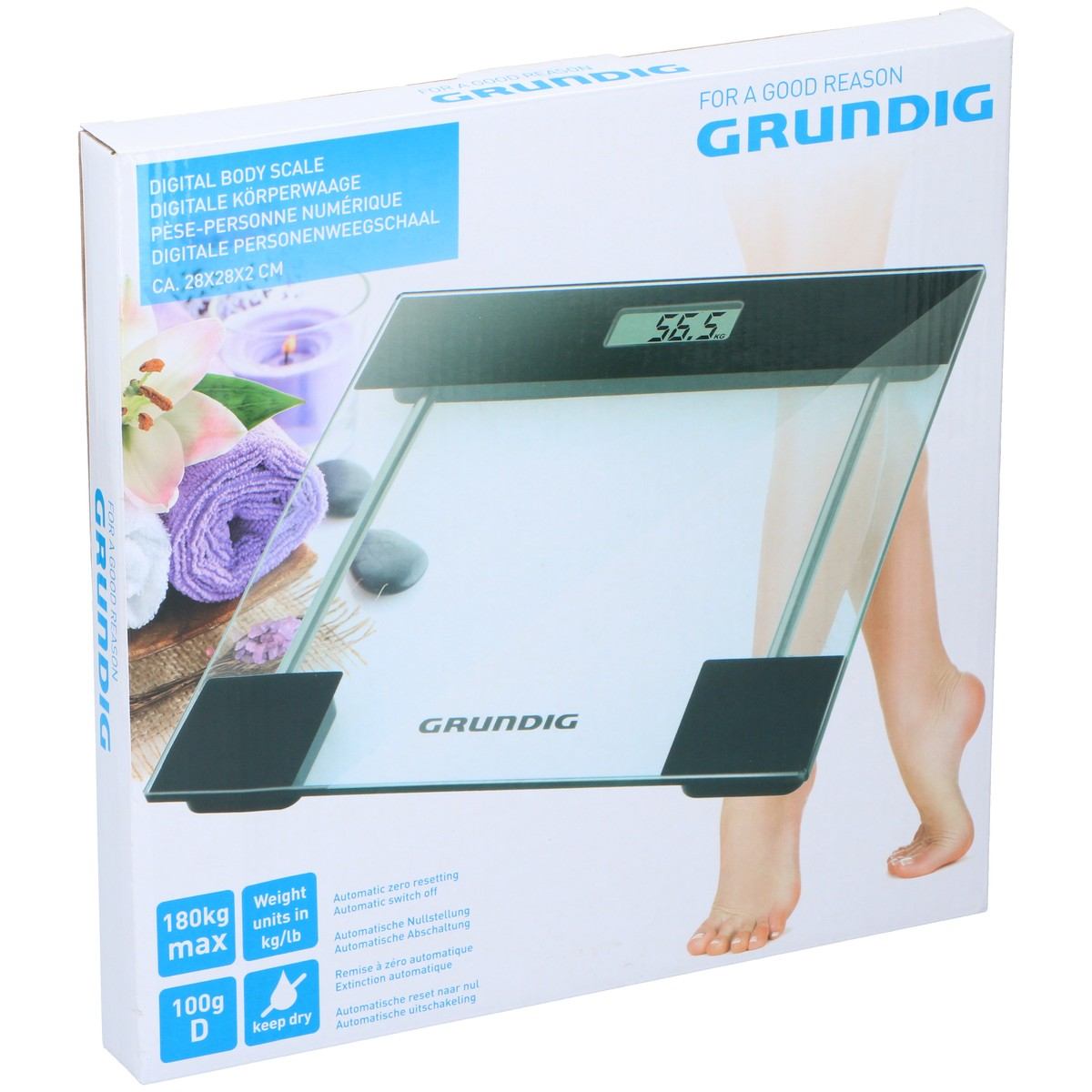 Scatola di una bilancia pesapersone digitale con inserto blu e fiori. La bilancia mostra 56,5 kg.