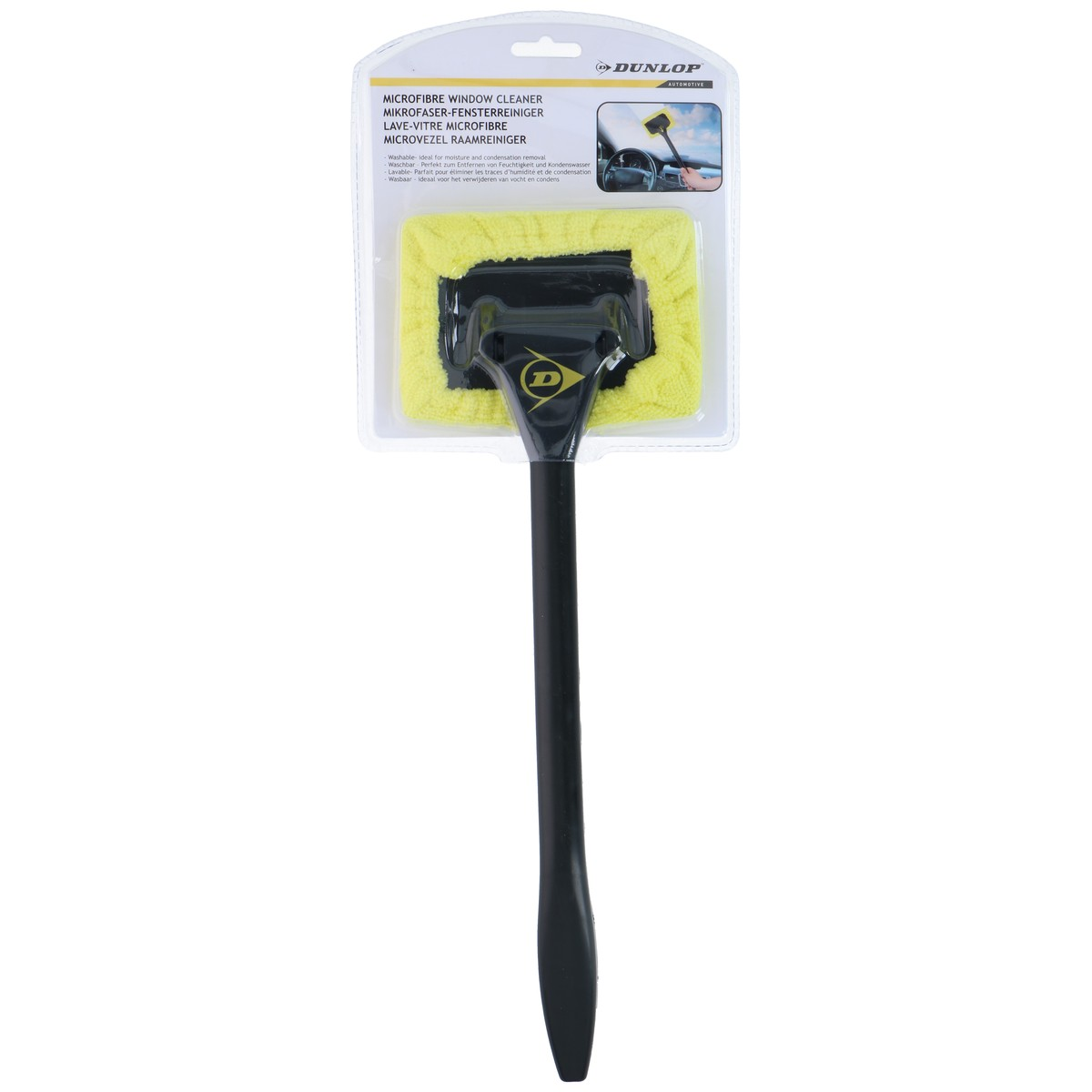 Pulitore per vetri in microfibra Dunlop con manico nero e spugna gialla.
