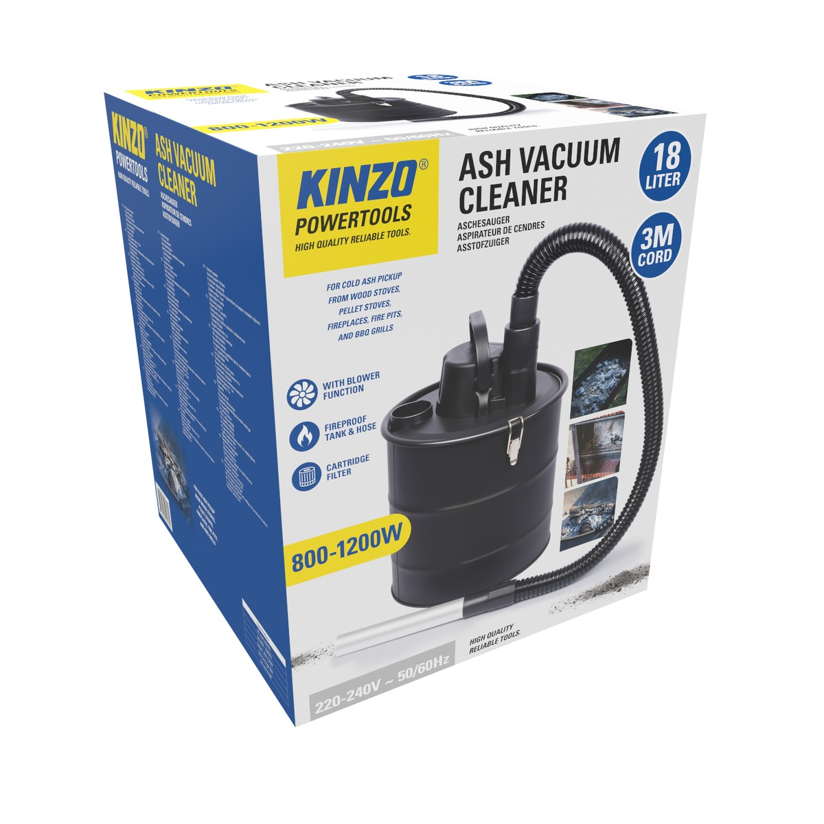 Kinzo Ash Vacuum Cleaner mit 18L Kapazität, 800-1200W, 3m Kabel, Gebläsefunktion.