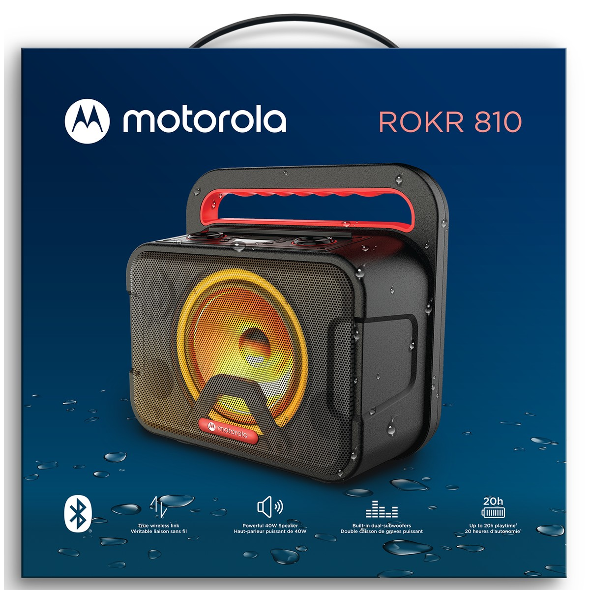 A black Motorola ROKR 810 speaker with a red handle and illuminated speaker.