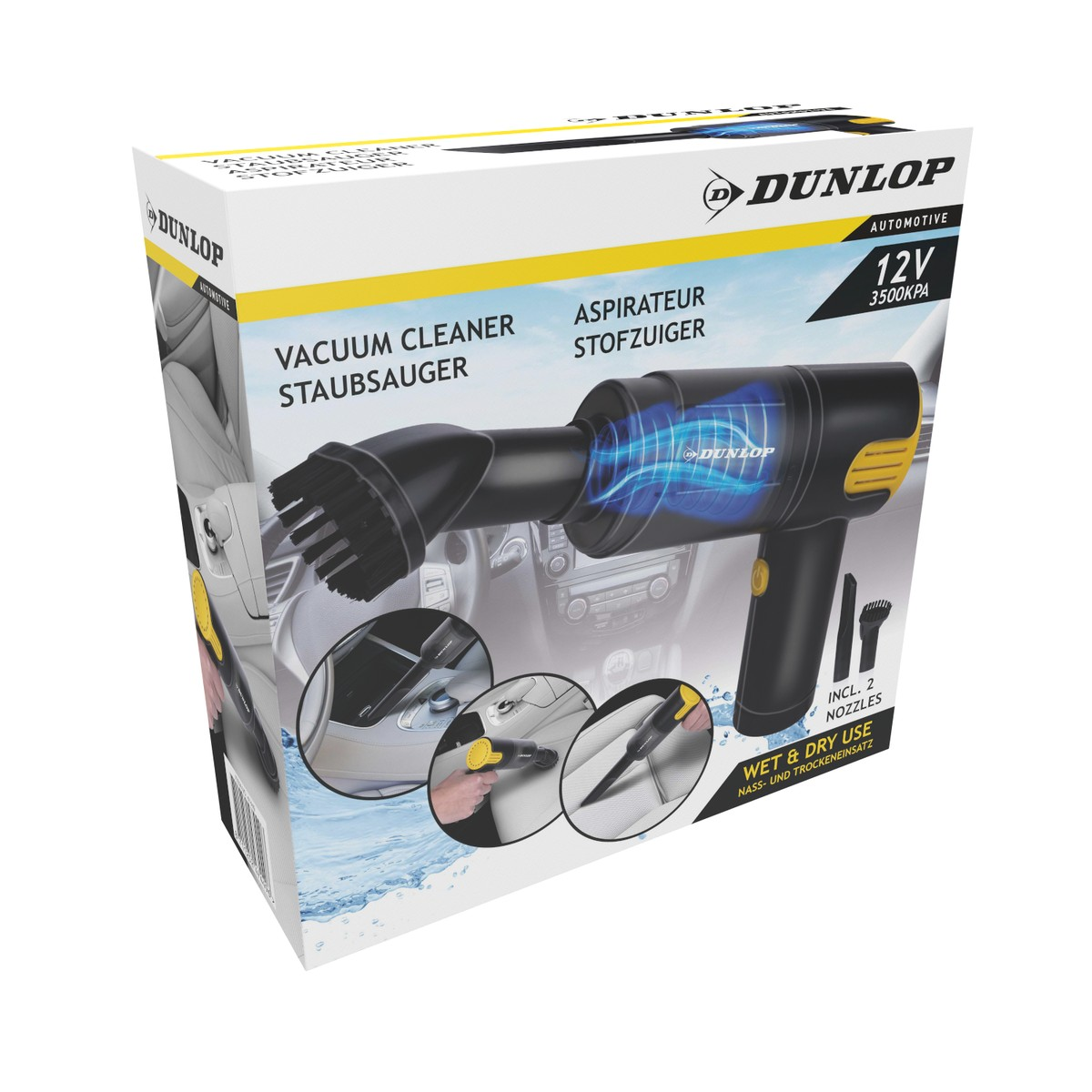 Confezione di un aspirapolvere per auto Dunlop 12V con accessori e funzione bagnato/asciutto.