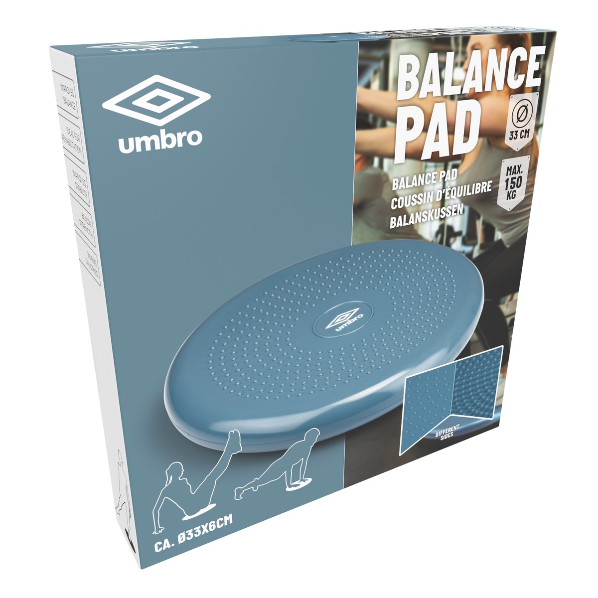 Confezione di cuscinetto per equilibrio Umbro, cuscinetto blu con superficie testurizzata, mostra esercizi.