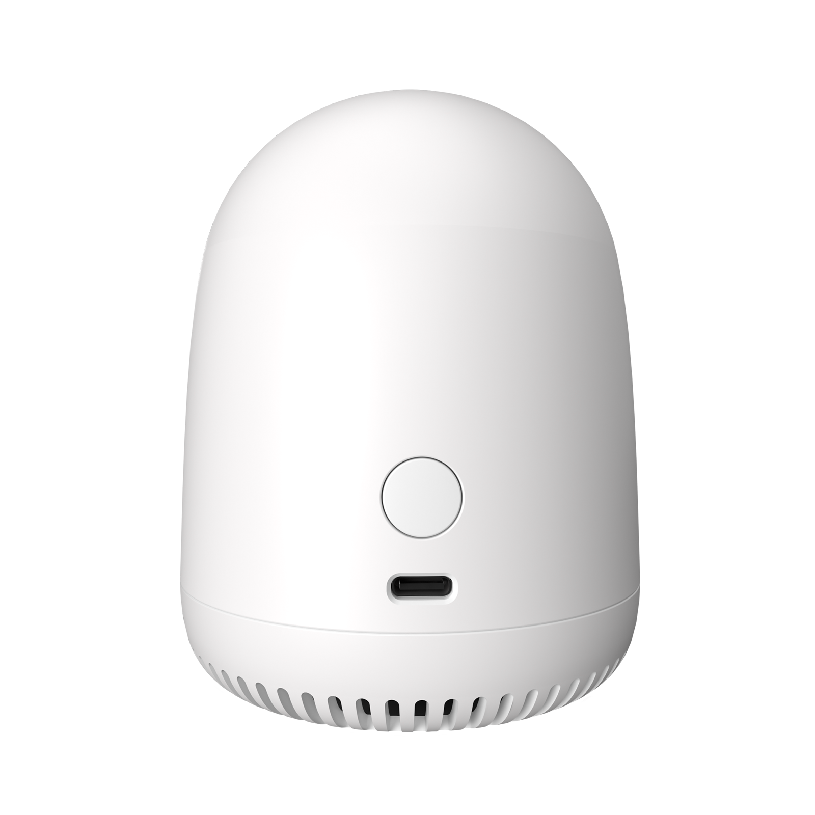 Un dispositivo bianco a forma di uovo con porta USB-C e pulsante rotondo.