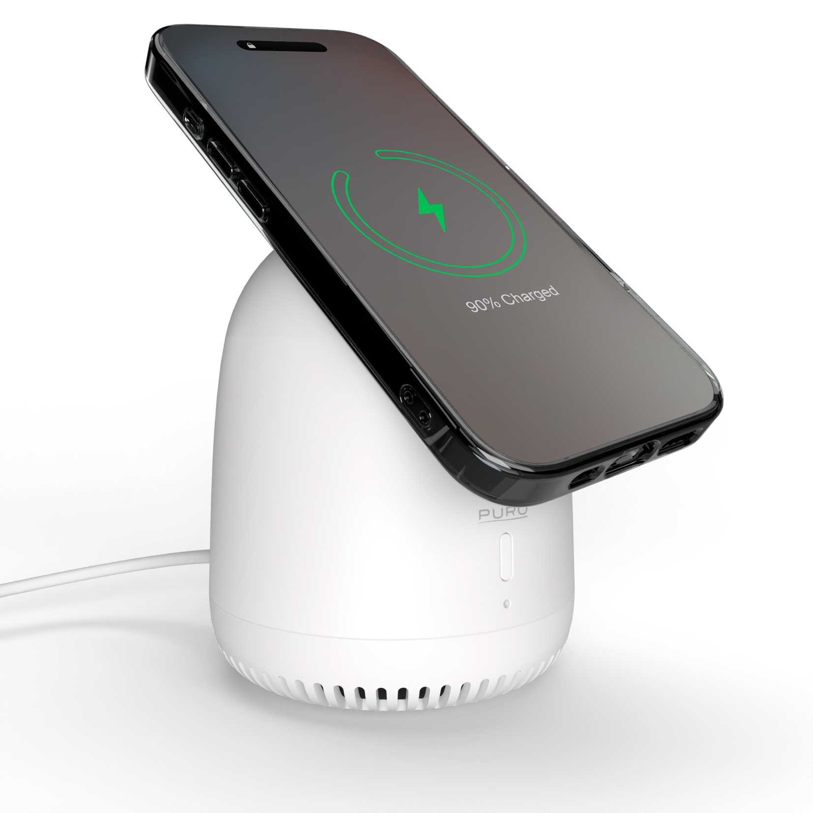 Un iPhone nero su un caricabatterie wireless bianco mostra 90% di carica.