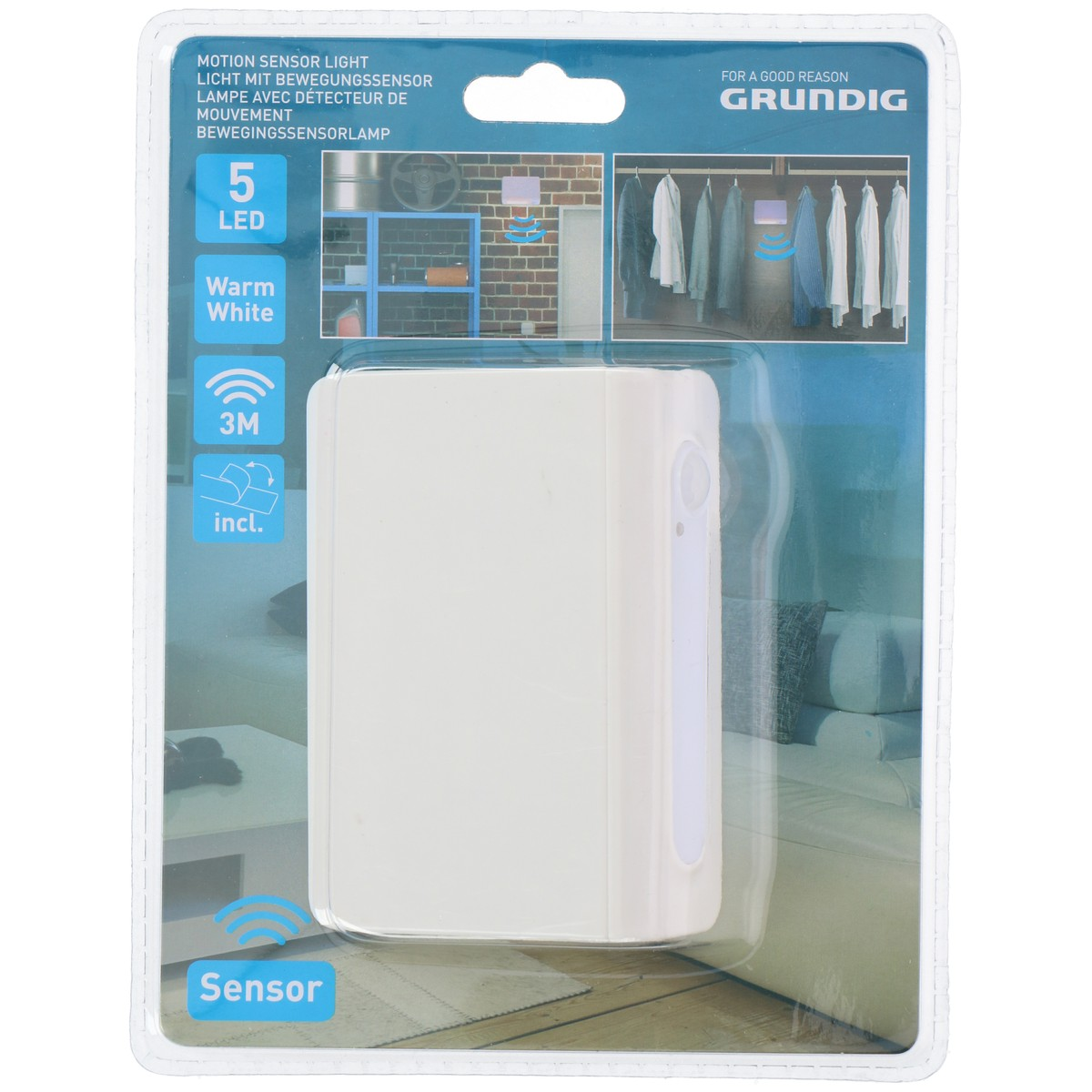 Packaging of a motion sensor light with 5 warm white LEDs.