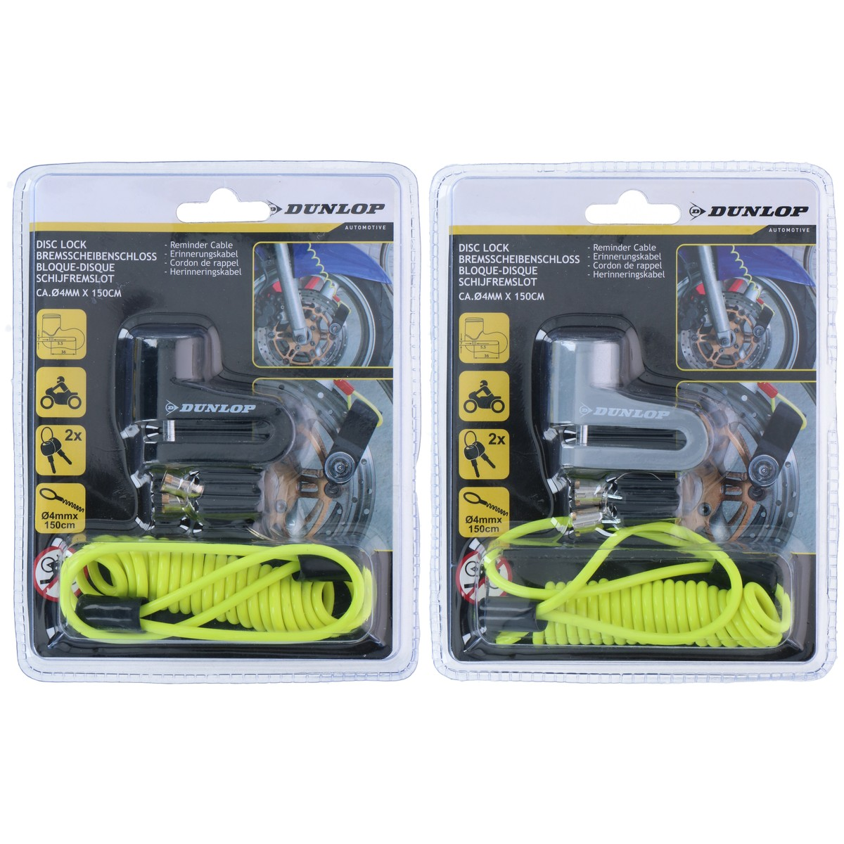 Two Dunlop disc locks with yellow coiled cables and keys.