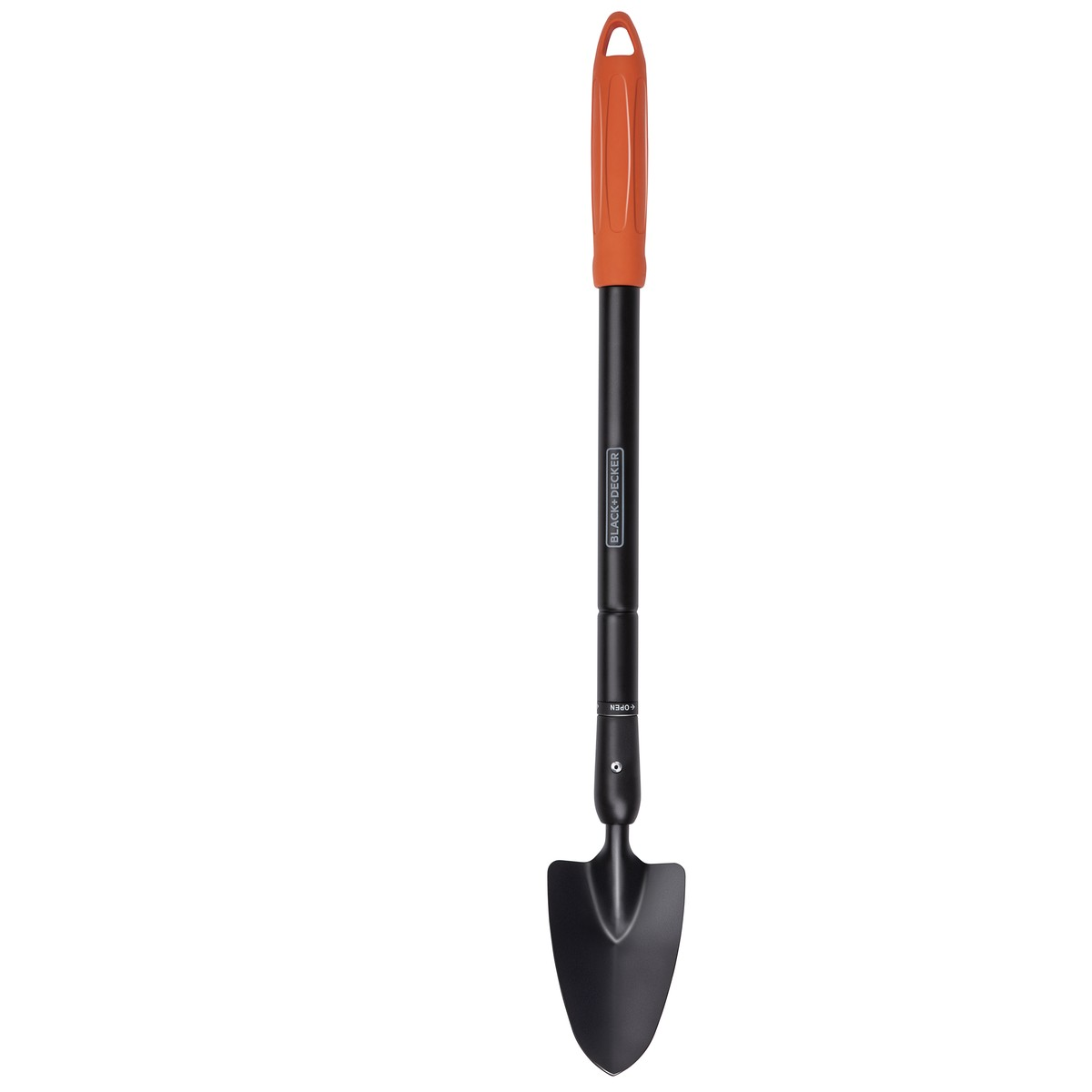 Une truelle de jardin noire avec un manche orange et une tige réglable.