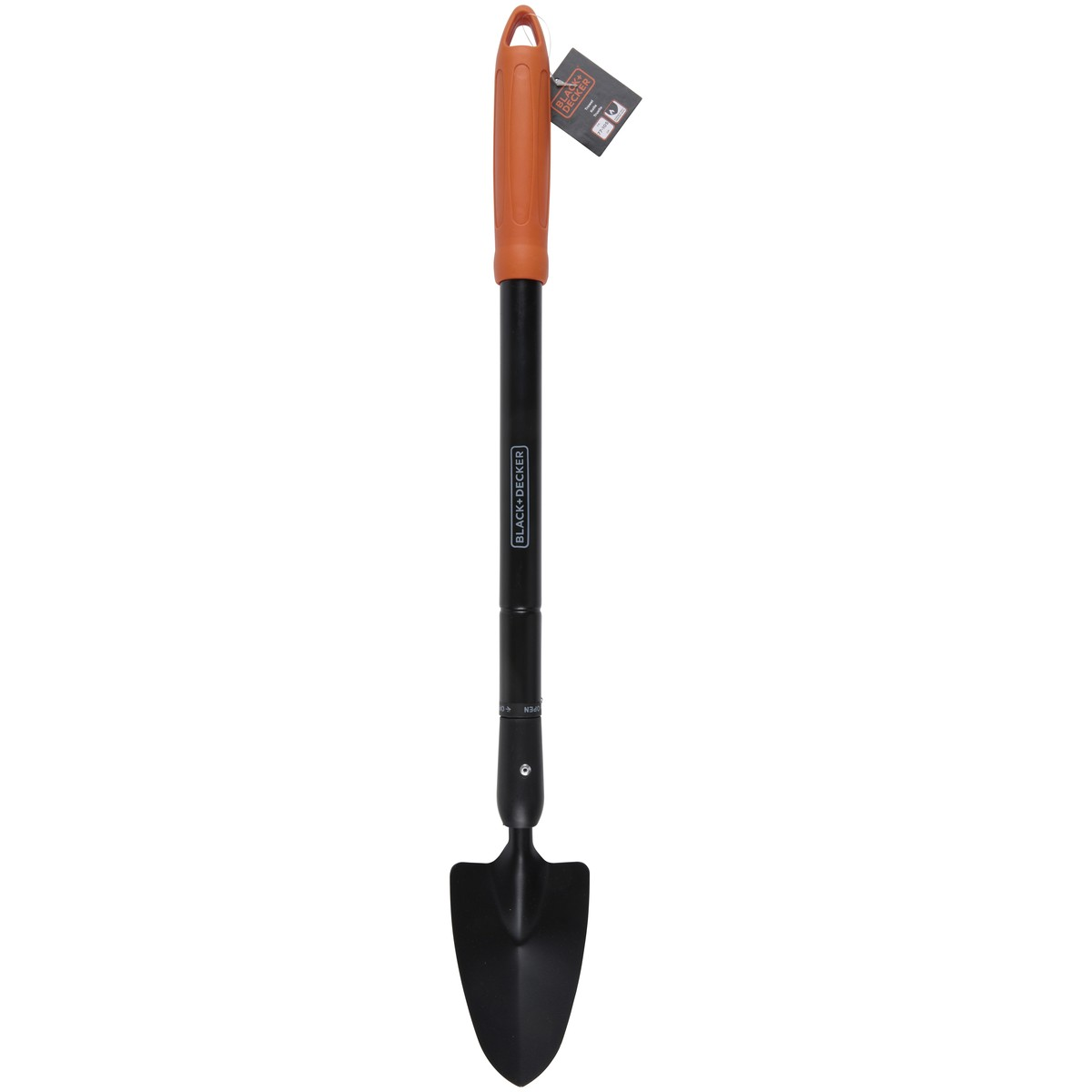Transplantoir Black and Decker avec manche orange et tête de pelle en métal noir.