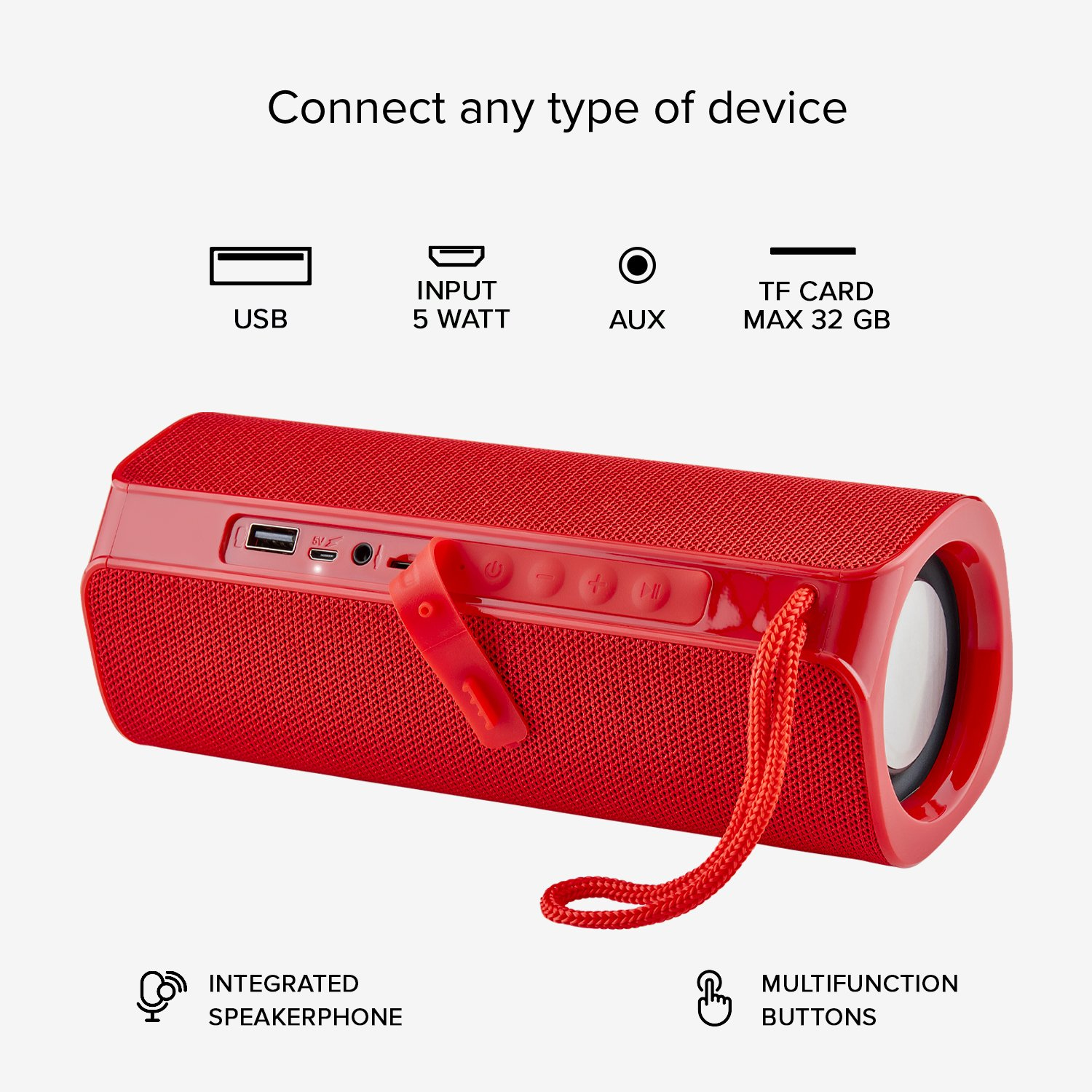 Un altoparlante Bluetooth rosso che mostra porte e pulsanti.
