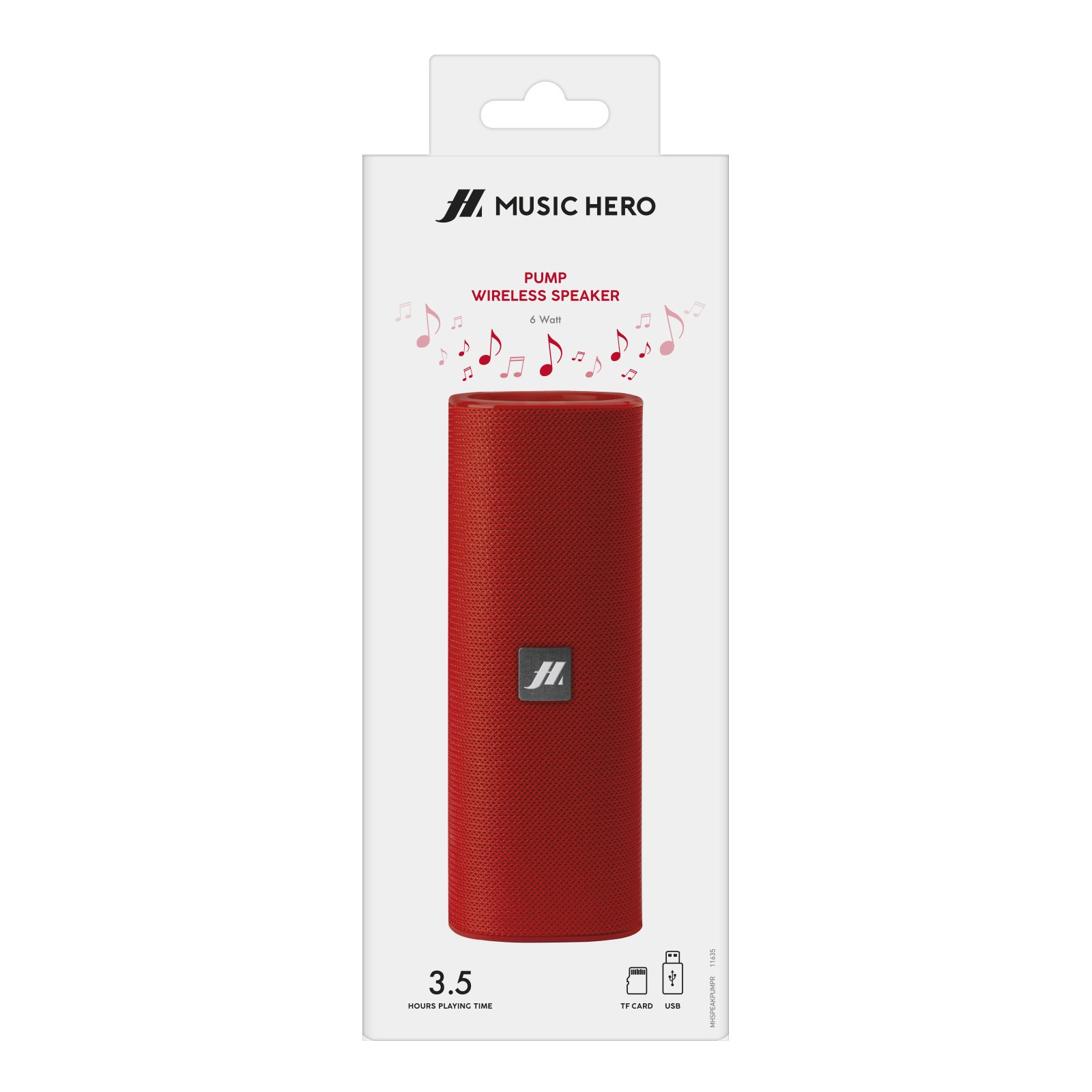 Altoparlante cilindrico rosso con note musicali e logo "MUSIC HERO".