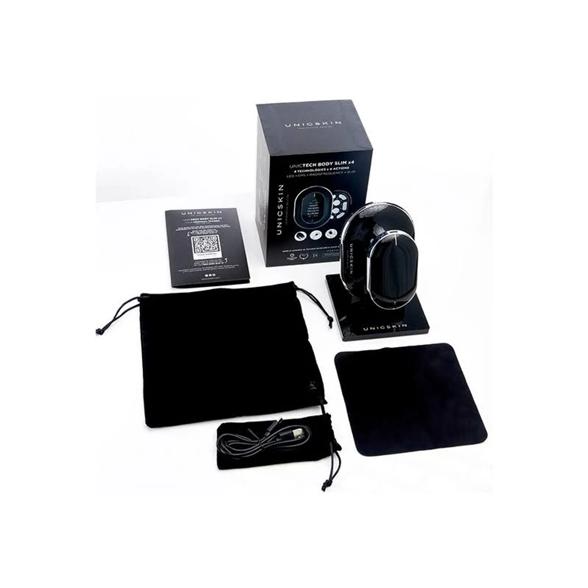 Desempaque del dispositivo UNICSKIN body slim: caja, dispositivo, bolsa, cable, alfombra, manual.