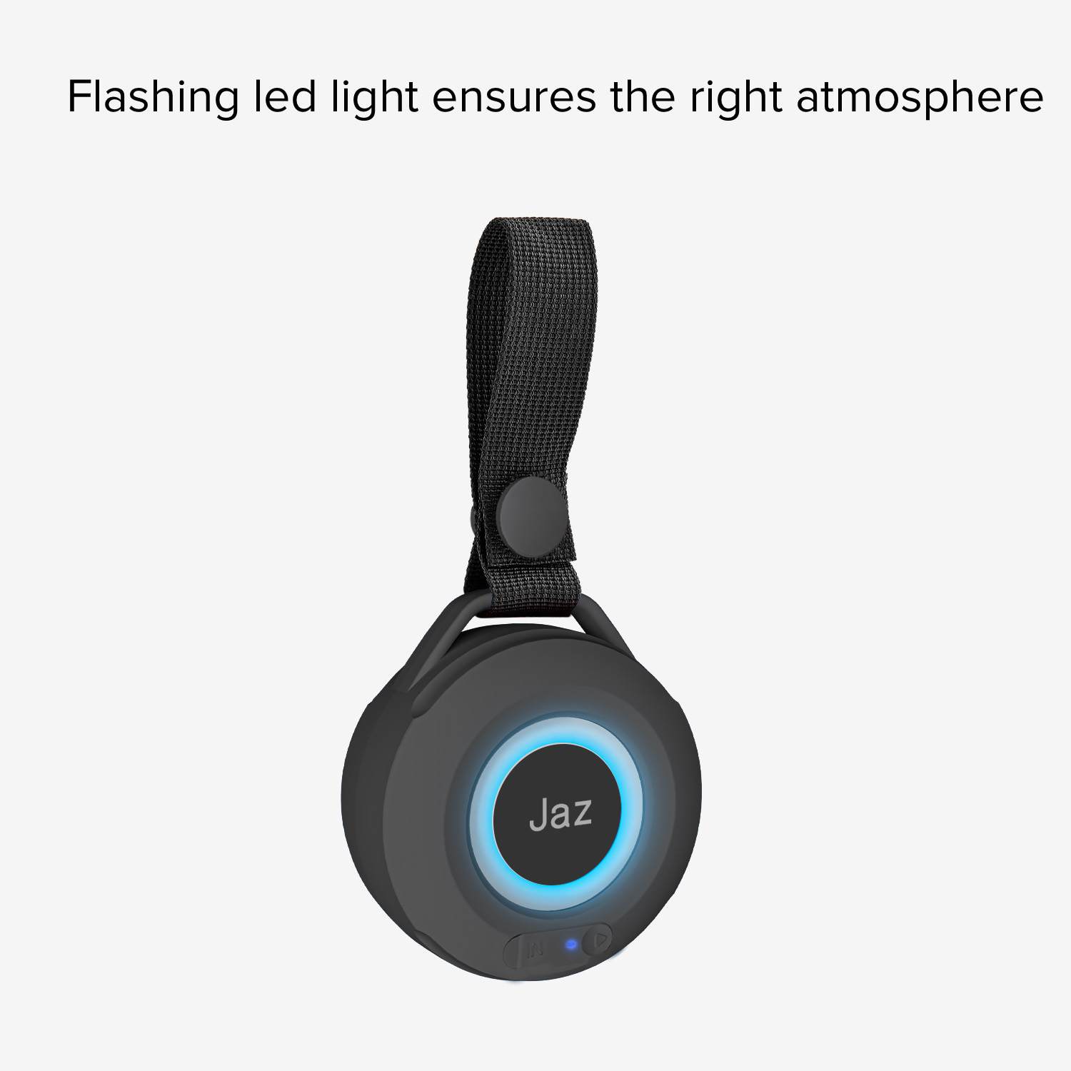 Un altoparlante nero con luce blu e il nome 