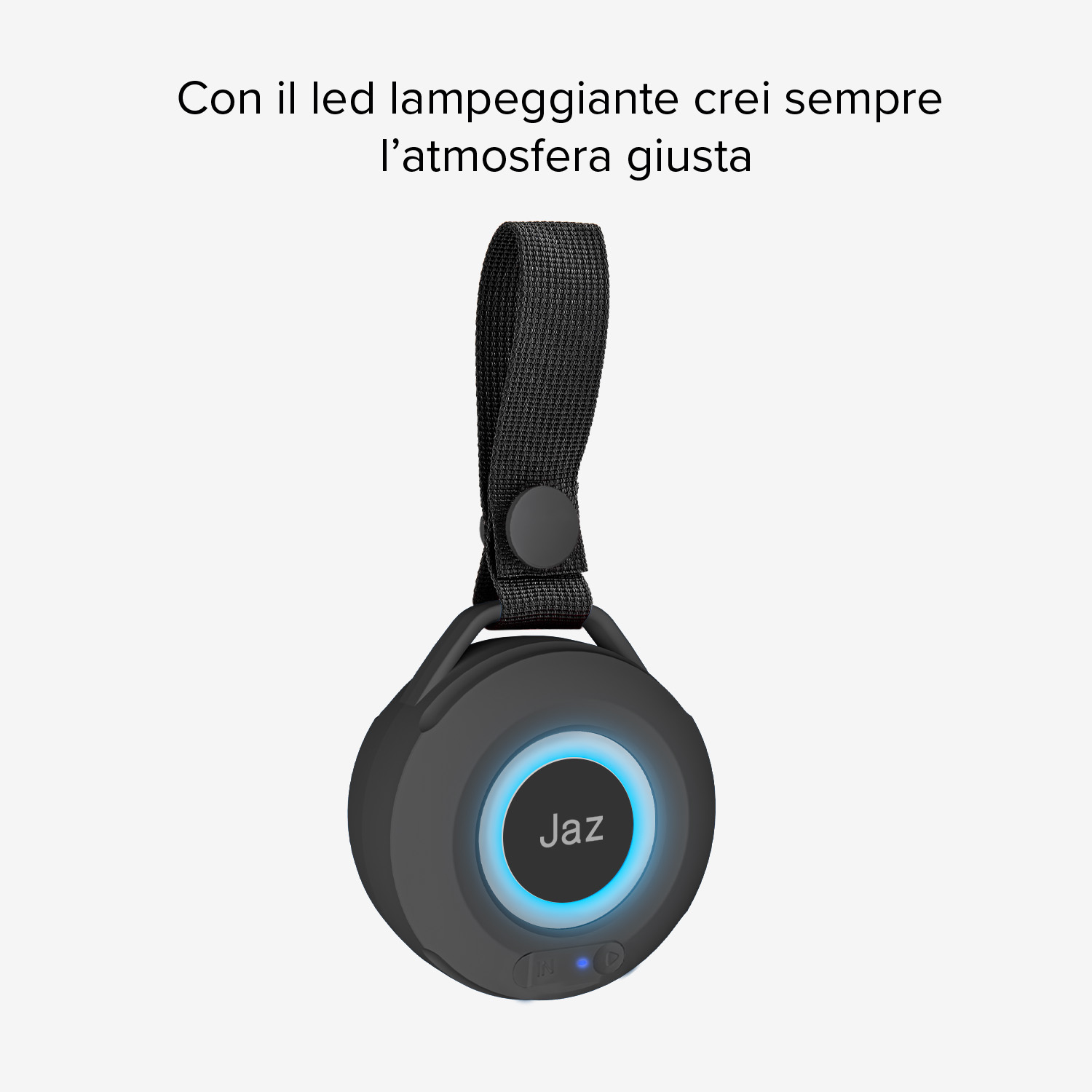 Un altoparlante nero rotondo con anello LED blu e tracolla.
