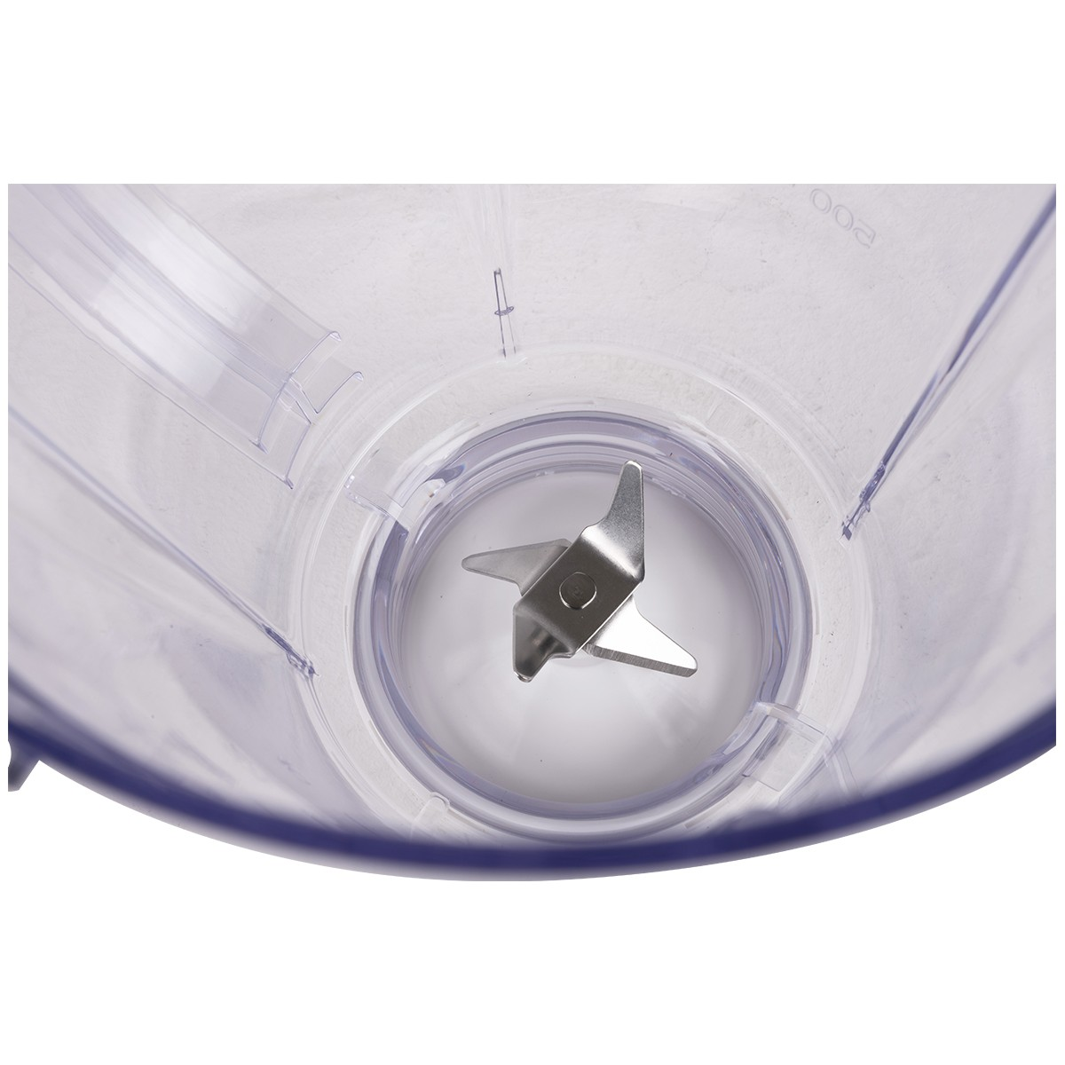 Inside view of a blender pitcher with metal blades.